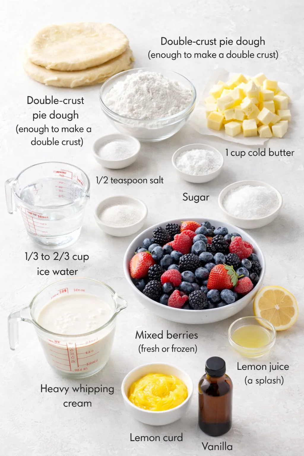 Measured ingredients arranged for Berry Tarts: Double-crust pie dough (enough to make a double crust), 2-1/2 cups all-purpose flour, 1/2 teaspoon salt, 1 cup cold butter, 1/3 to 2/3 cup ice water, Cornstarch