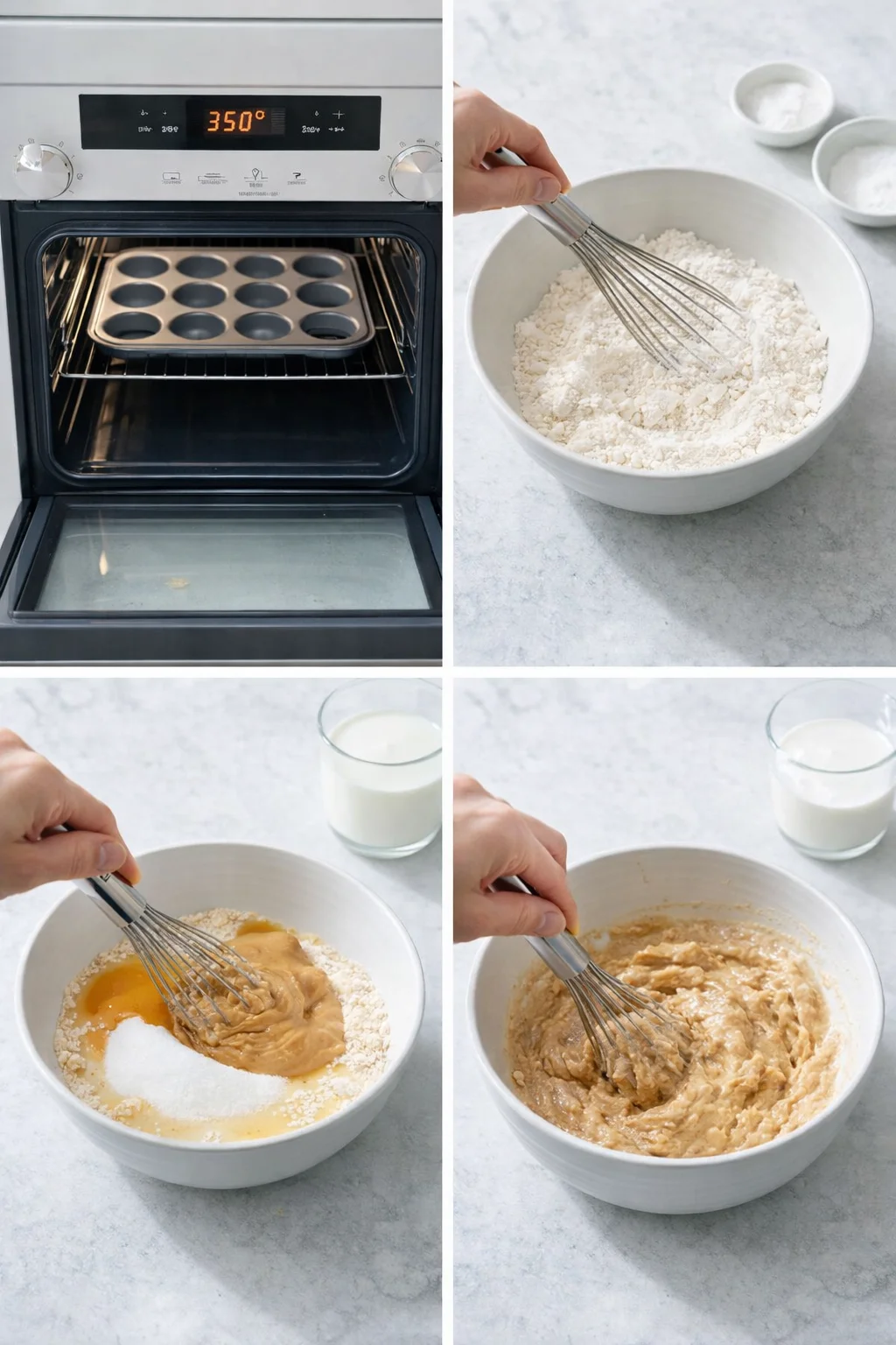 Two bowls on counter: one with dry flour mixture, one with peanut-butter batter being whisked