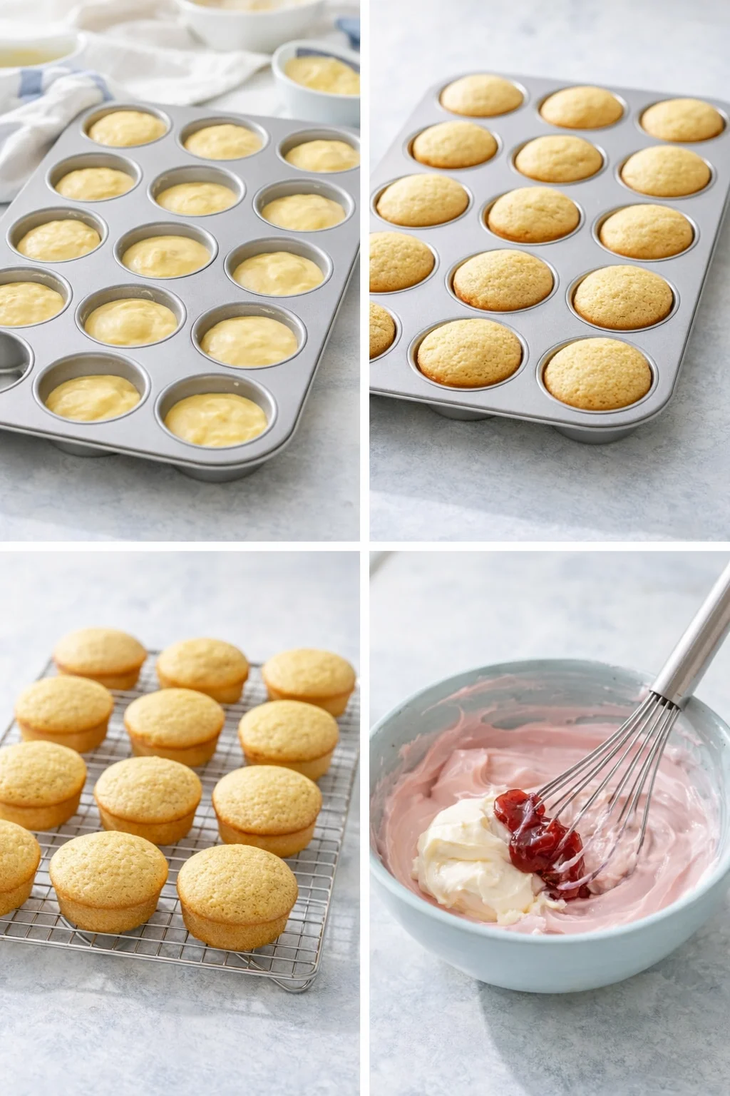 Greased 12-cup muffin tin filled two-thirds, baked cupcakes cooling beside cream cheese and jelly mixture