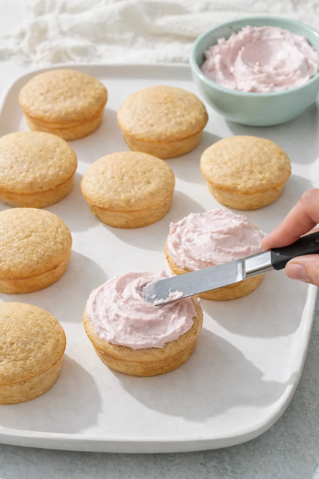 Hand spreading glossy jelly-cream cheese frosting over top of cooled cupcake