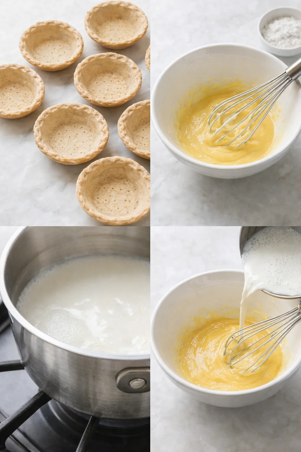 Cooled mini tart shells on tray with a bowl, hot milk being drizzled into whisked yolks.