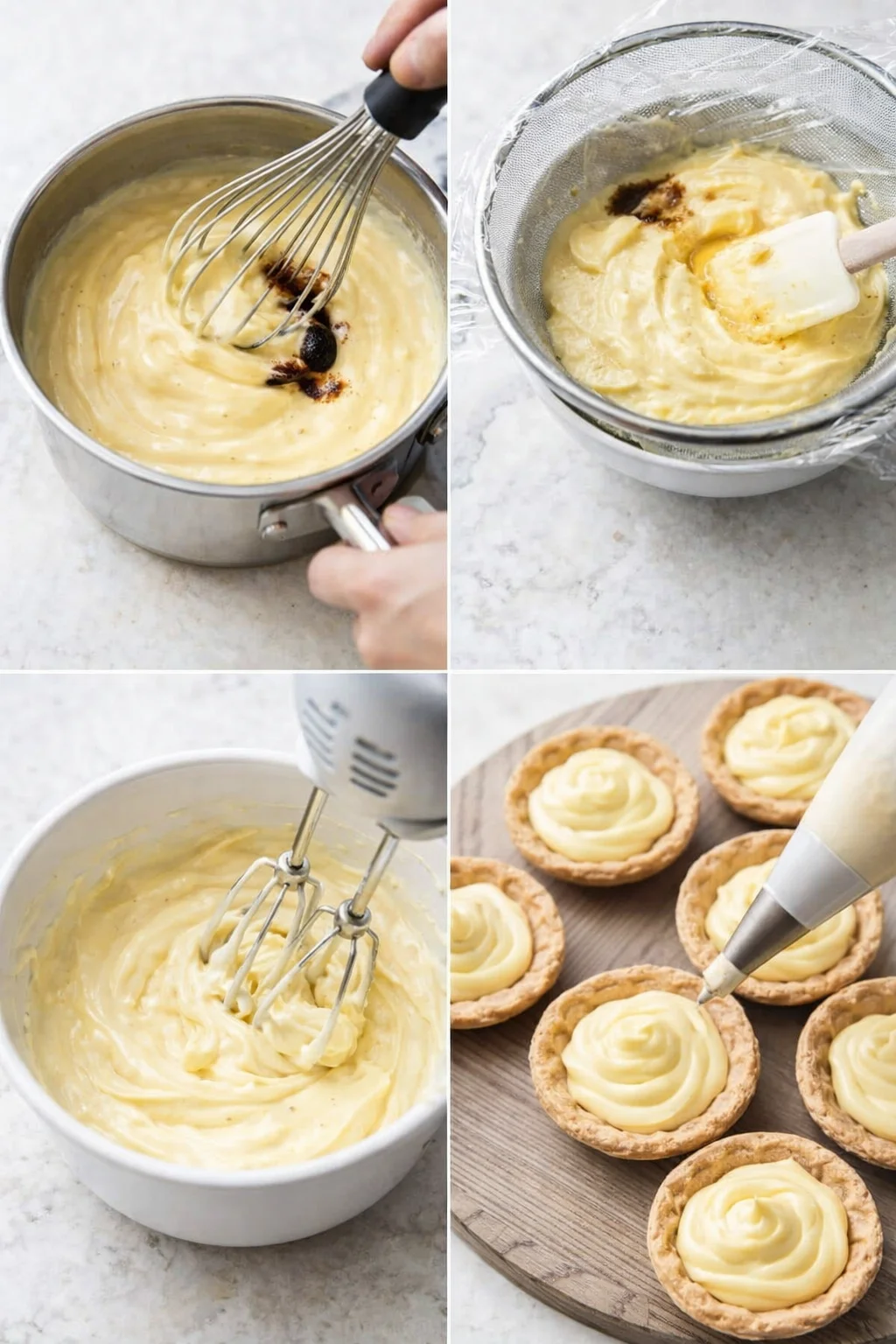Smooth pastry cream being piped from a pastry bag into cooled tart shells.