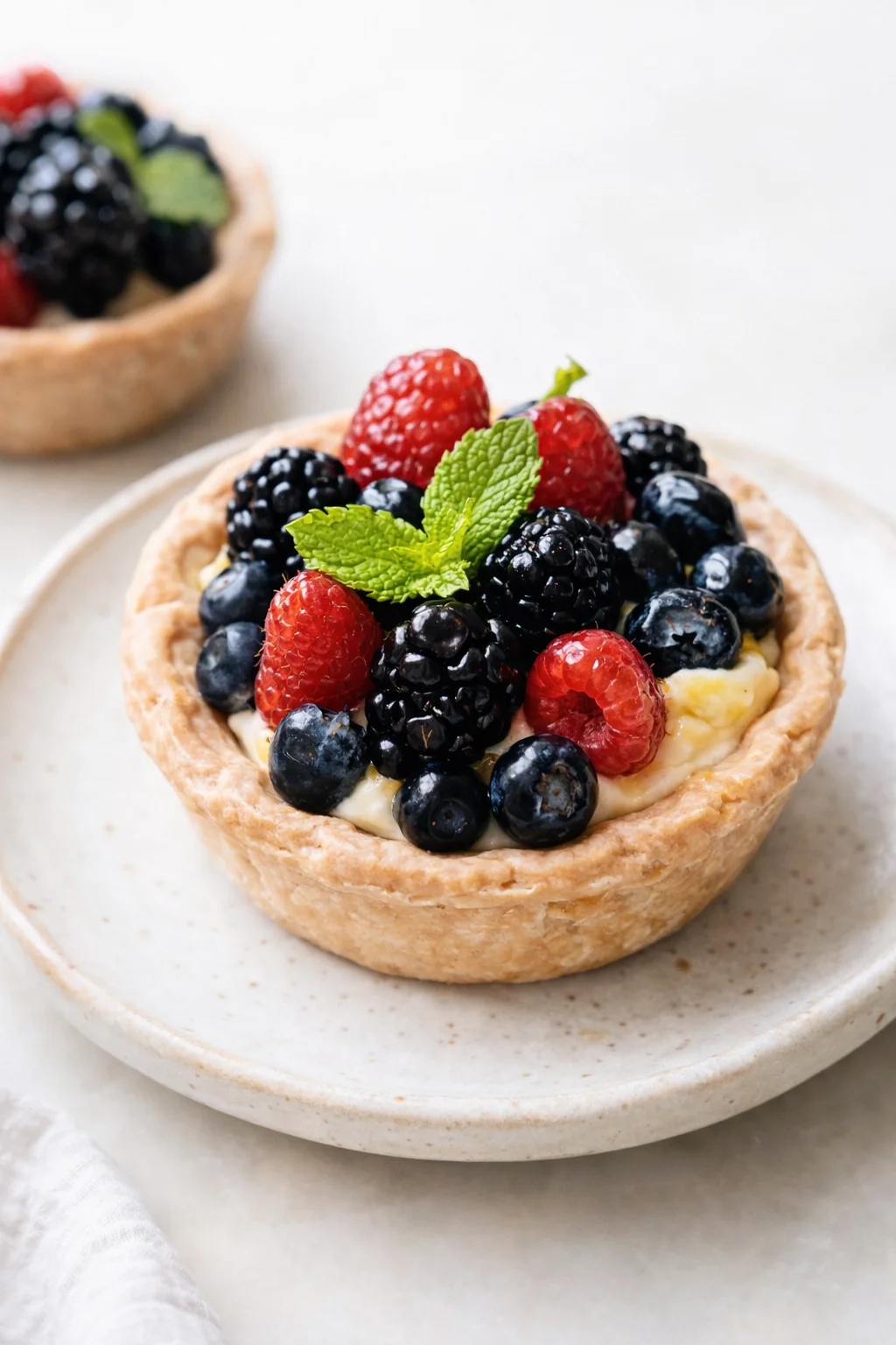Final plated Mini Fruit Tarts with Vanilla Pastry Cream served as a hero shot