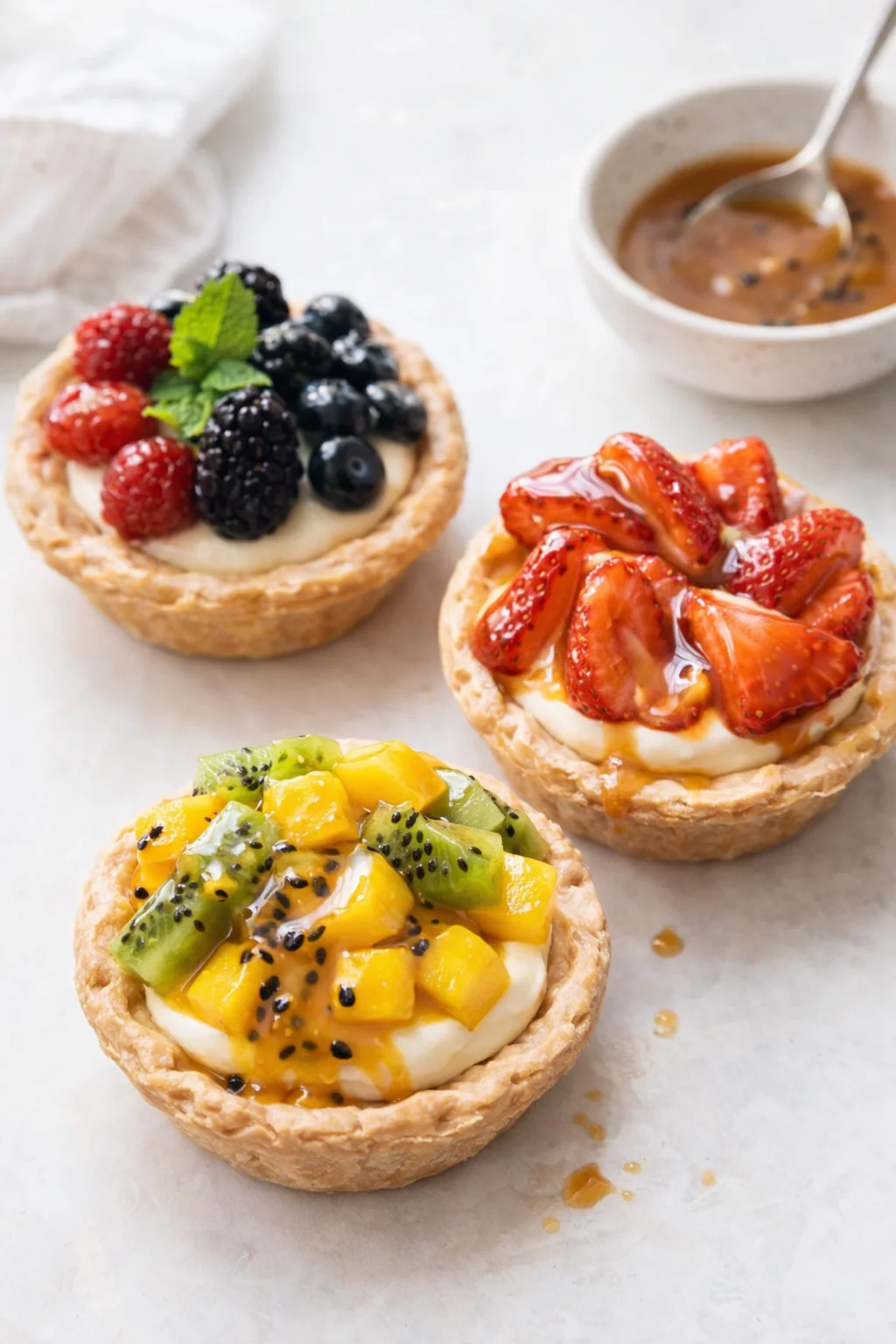 Variation ideas for Mini Fruit Tarts with Vanilla Pastry Cream shown in a styled layout