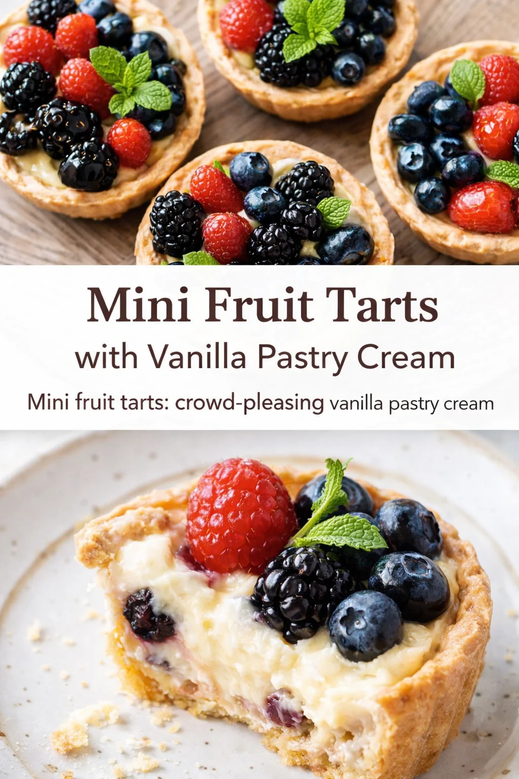 Pinterest-style image for Mini Fruit Tarts with Vanilla Pastry Cream with centered text overlay