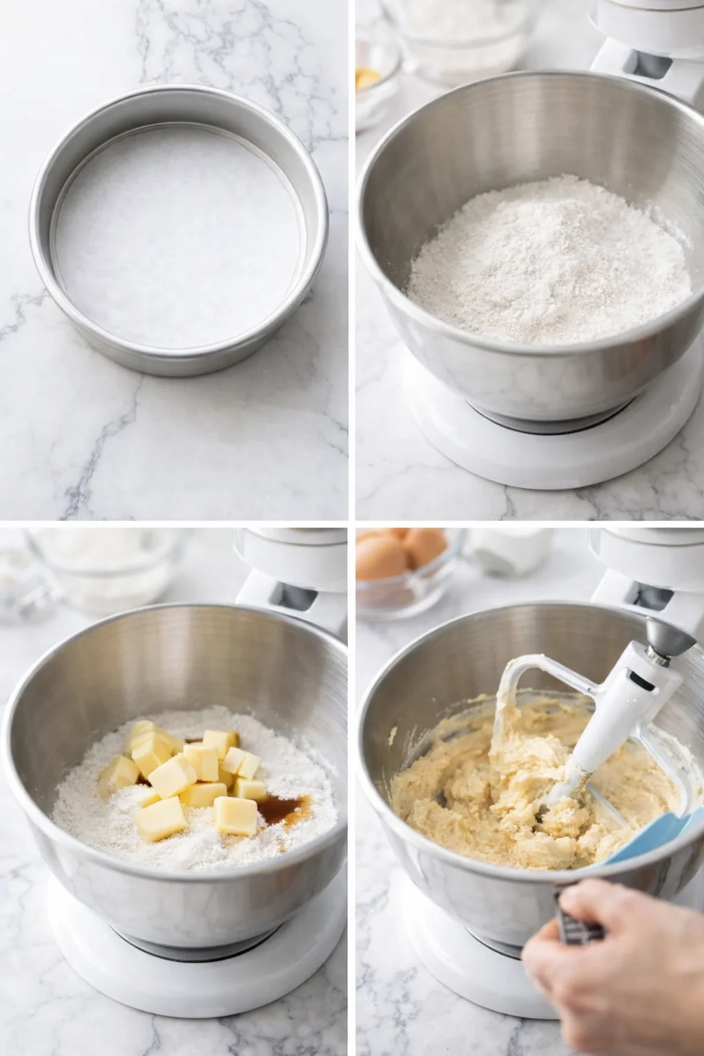 Stand mixer bowl with sifted dry ingredients and cubed butter about to be mixed