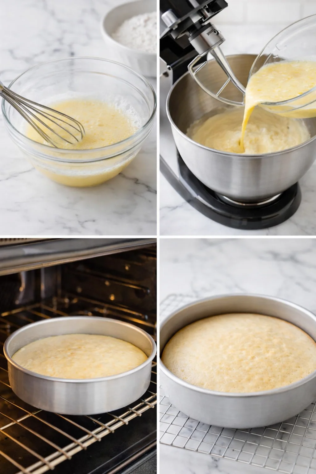 Pouring smooth cake batter into greased parchment-lined 8-inch pan