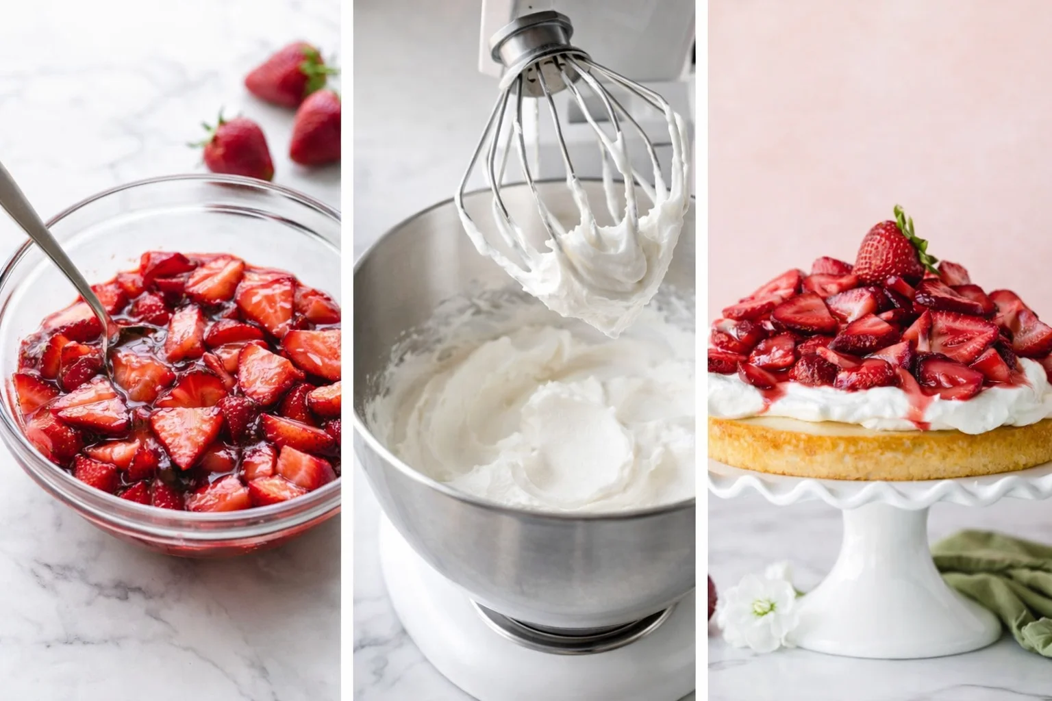 Assembled cake with whipped cream spread to edges and macerated strawberries piled on top