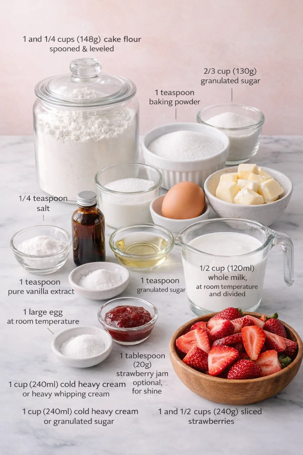 Measured ingredients arranged for One Layer Strawberry Shortcake Cake - Sally's Baking: 1 and 1/4 cups (148g) cake flour (spooned & leveled), 2/3 cup (130g) granulated sugar, 1 teaspoon baking powder, 1/4 teaspoon salt, 