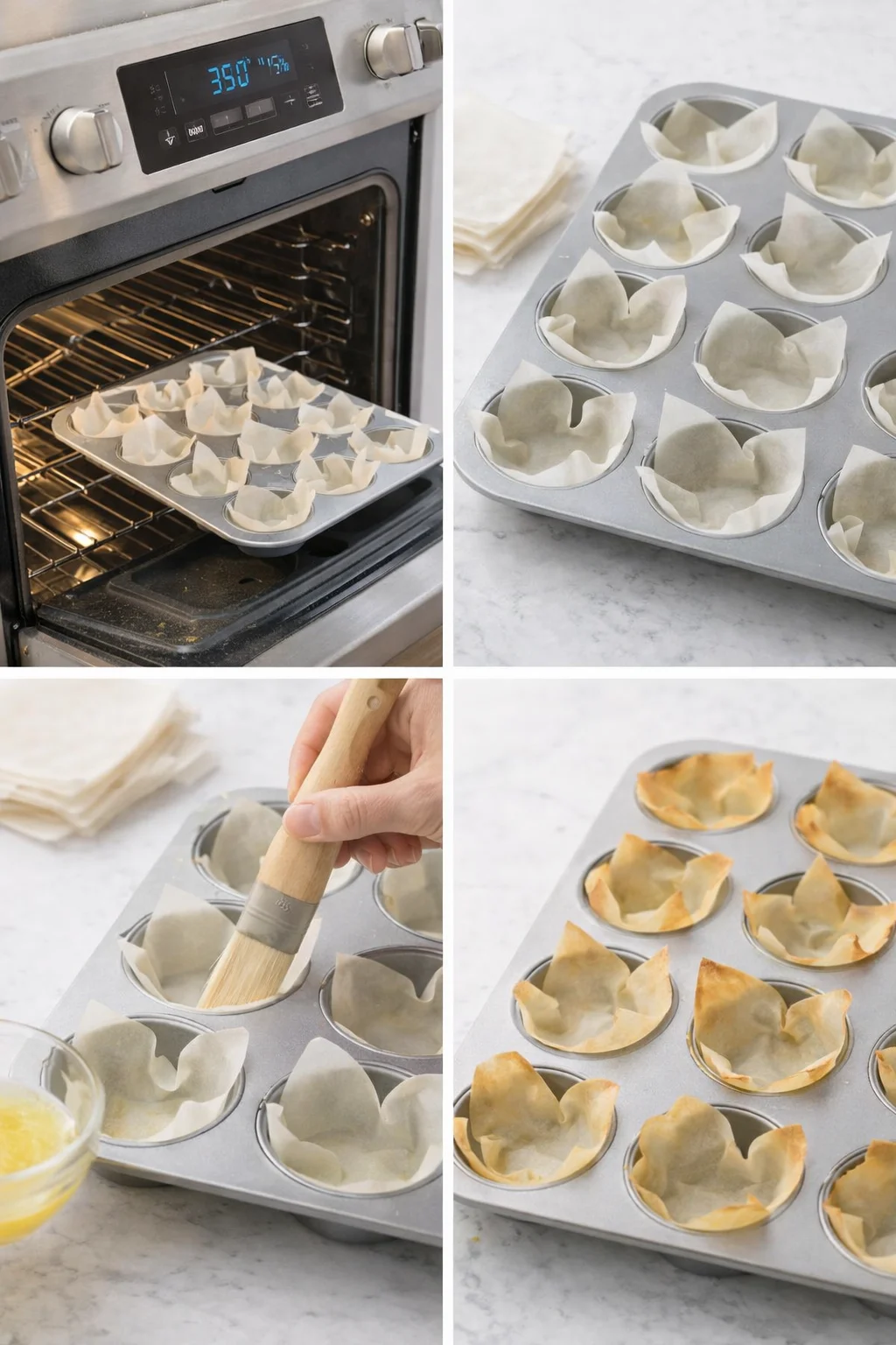 Spring roll wrappers pressed into muffin tin cups, brushed with butter, turning golden and crisp.