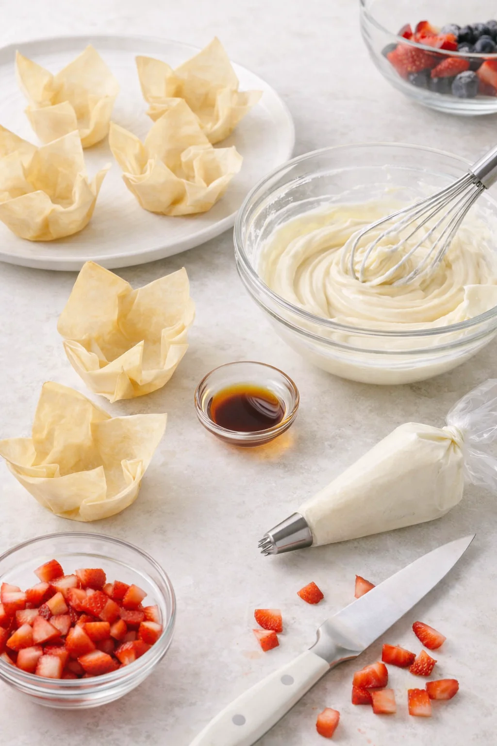 Cooled tart shells beside a bowl of velvety mascarpone filling and a pastry bag; chopped strawberries.