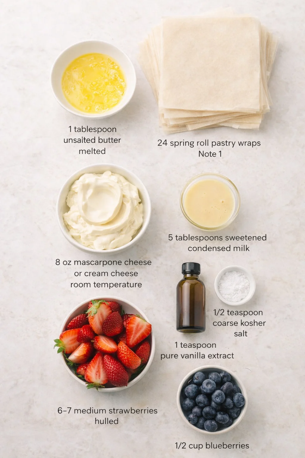 Measured ingredients arranged for No Fuss Berry Tartlets: 24 spring roll pastry wraps Note 1, 1 tablespoon unsalted butter melted, 8 oz mascarpone cheese or cream cheese room temperature, 5 tablespoons sweetened condense
