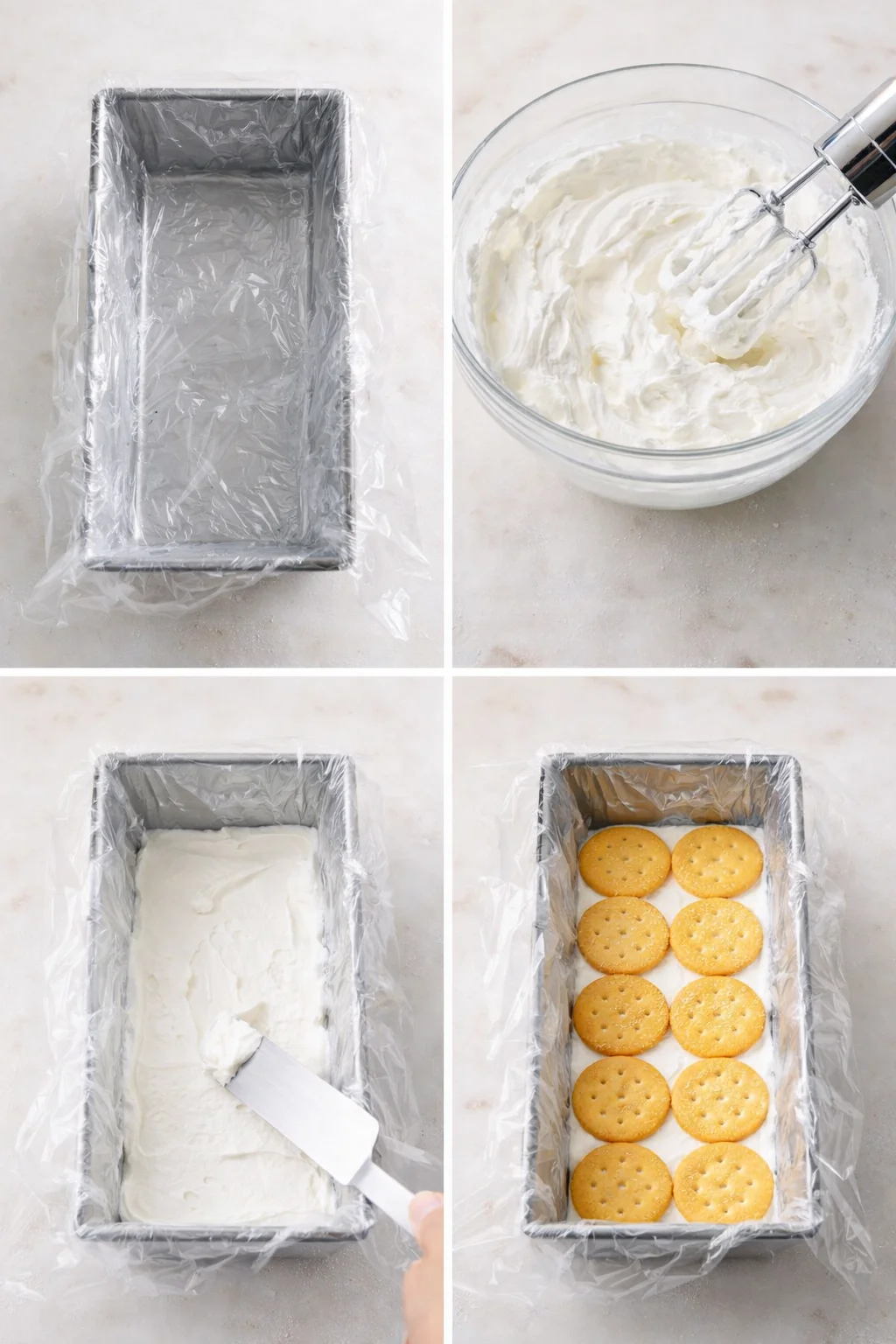 Loaf pan lined with overhanging plastic, whipped cream spread, Ritz crackers arranged and gently pressed.