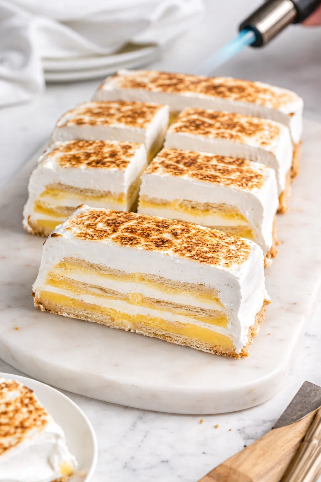 Golden-browned meringue being toasted with a blowtorch, cake sitting ready to be sliced.