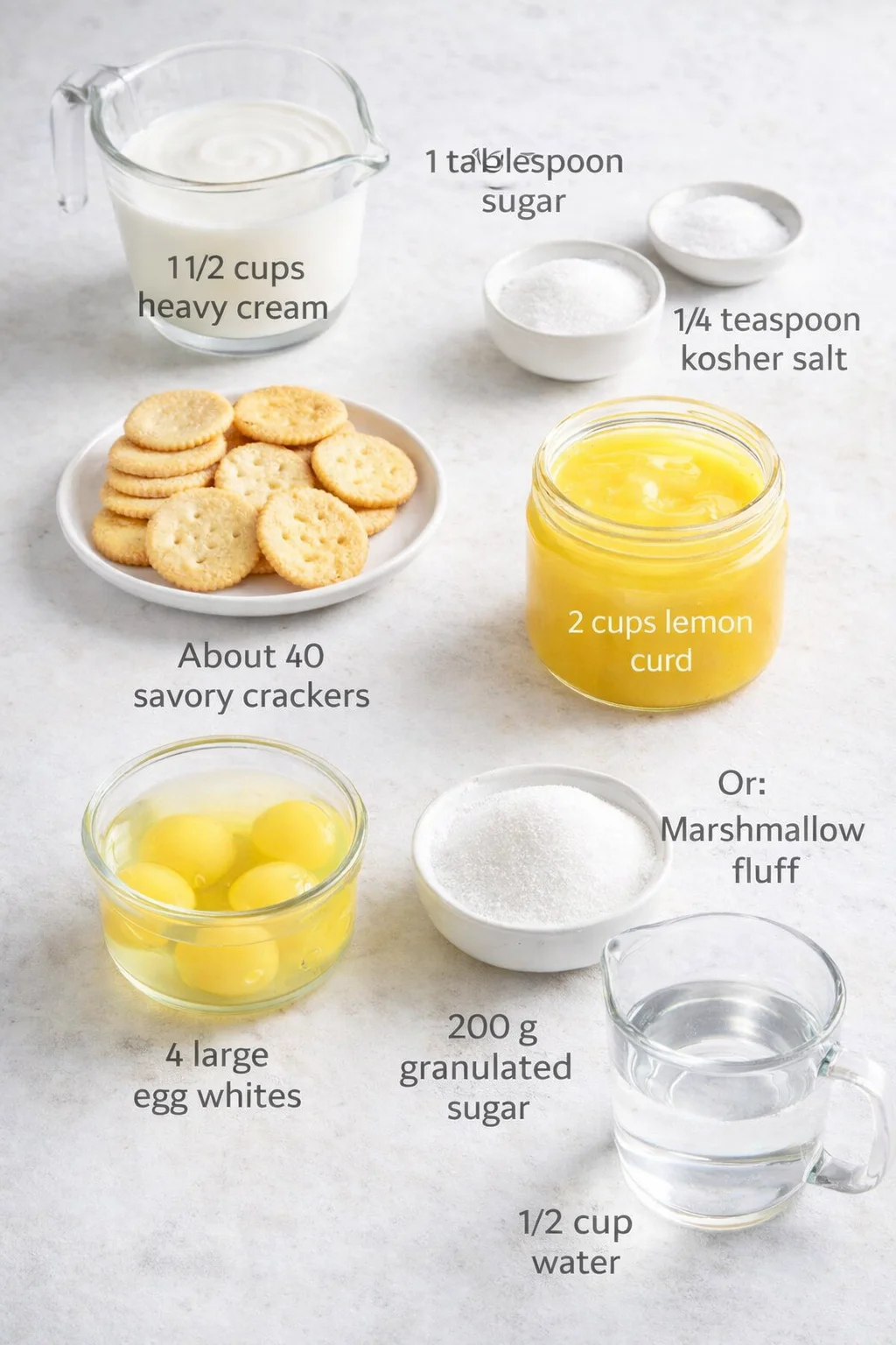 Measured ingredients arranged for Lemon Meringue Icebox Cake: 1 1/2 cups (360 ml) heavy cream, 1 tablespoon superfine or granulated sugar (for a light whipped cream sweetness), 1/4 teaspoon kosher salt (to boost the whip