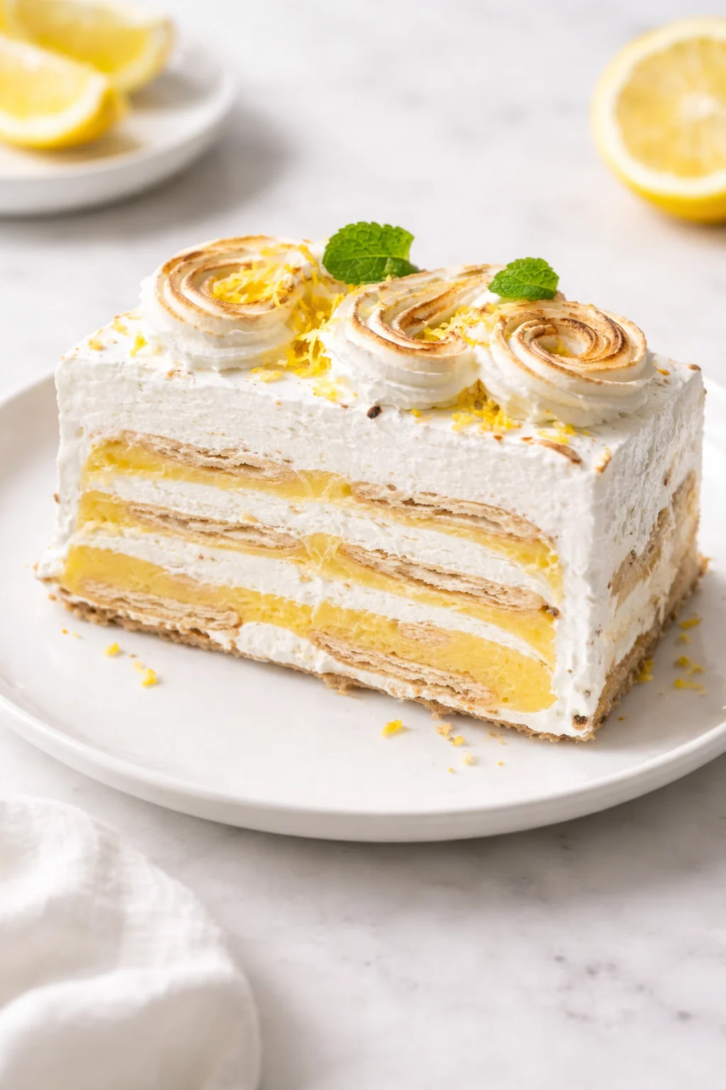 Final plated Lemon Meringue Icebox Cake served as a hero shot