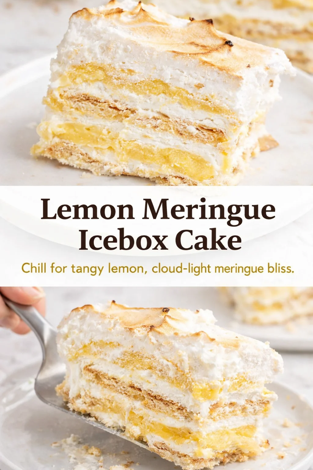 Pinterest-style image for Lemon Meringue Icebox Cake with centered text overlay