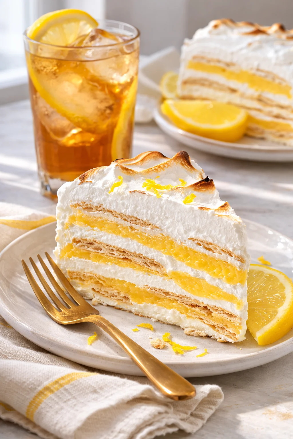Alternative angle of Lemon Meringue Icebox Cake served with a pairing