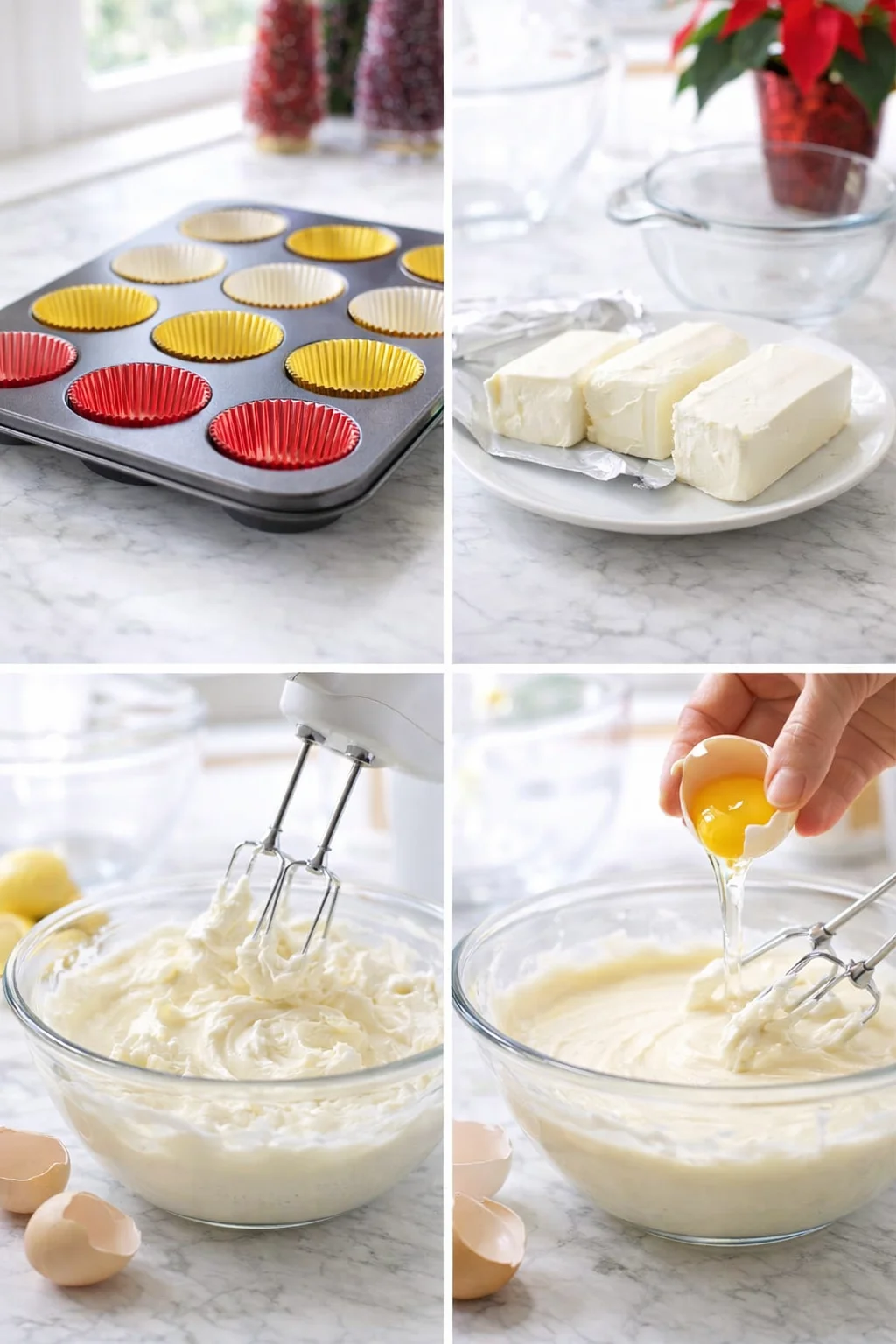 Lined muffin tin beside bowl of smooth cream cheese batter as an egg is added.