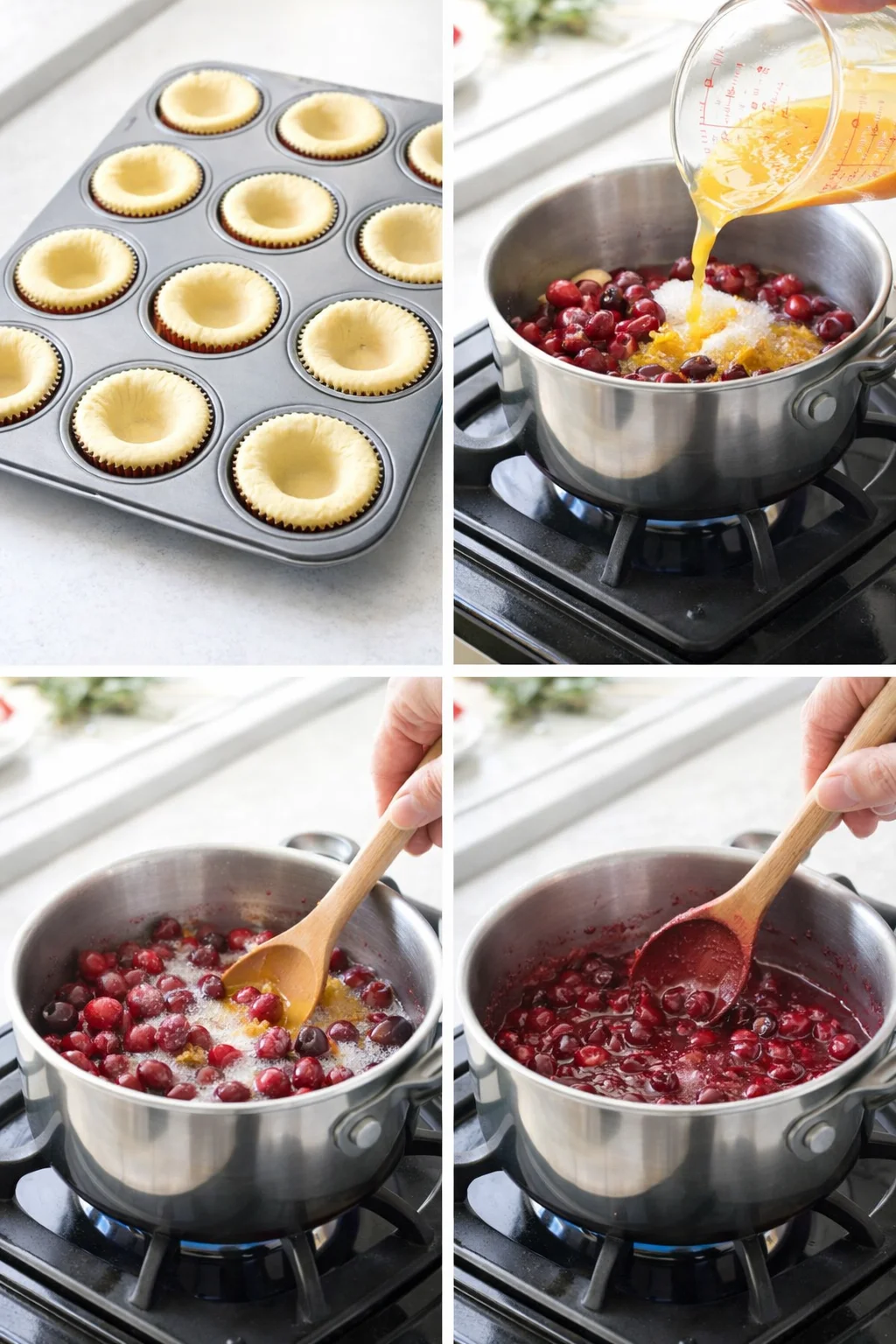Saucepan of bubbling cranberry-orange mixture with cranberries popping, spoon pressing a stubborn berry.