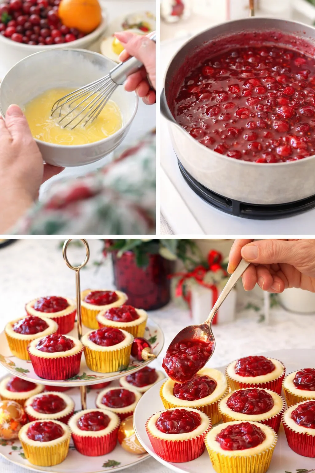 Heaping tablespoon of thickened cranberry-orange sauce being spooned into the cooled cupcake wells.