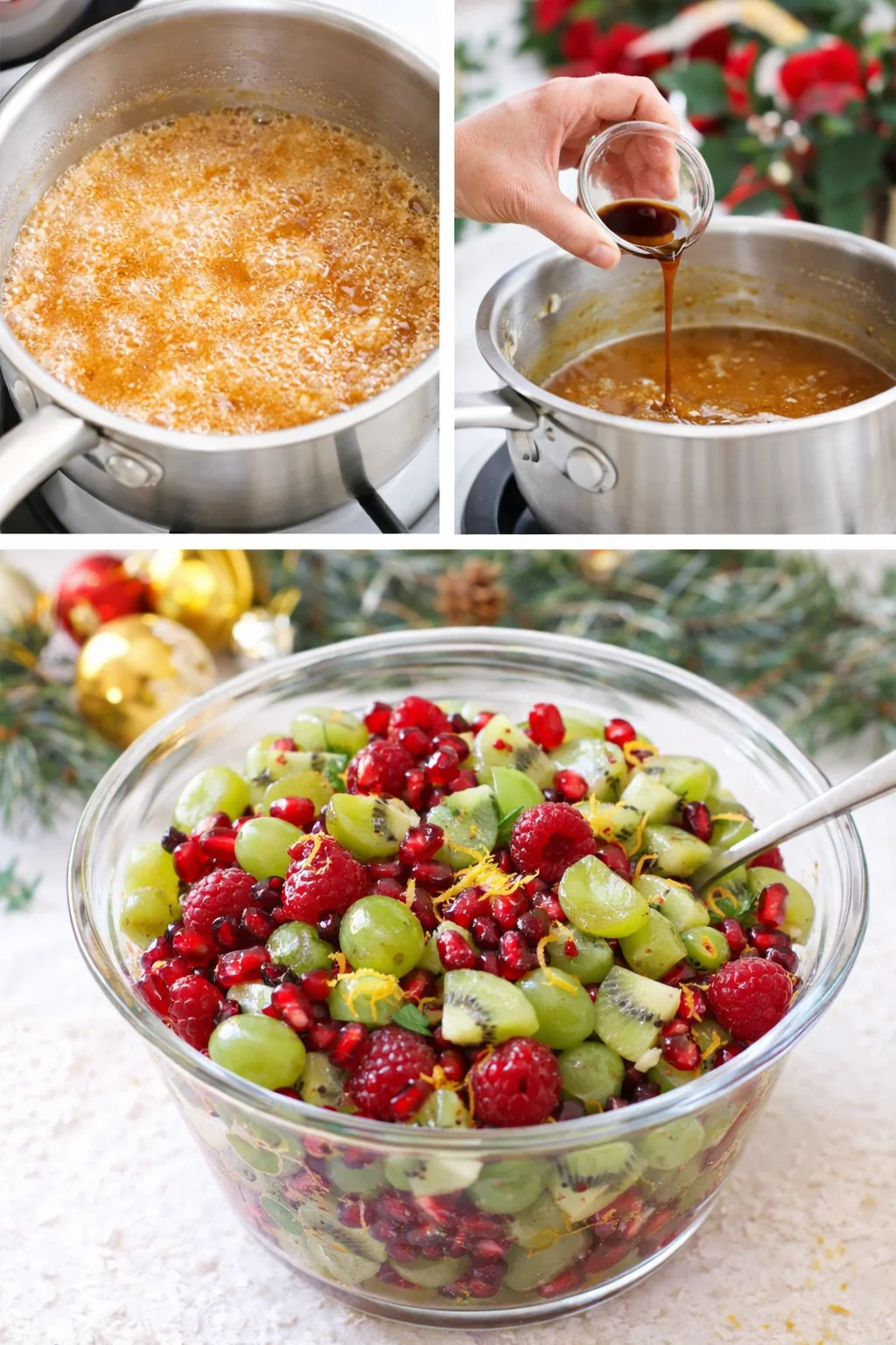 Saucepan of gently bubbling golden caramel beside a bowl of tossed pomegranate, grapes, kiwi.