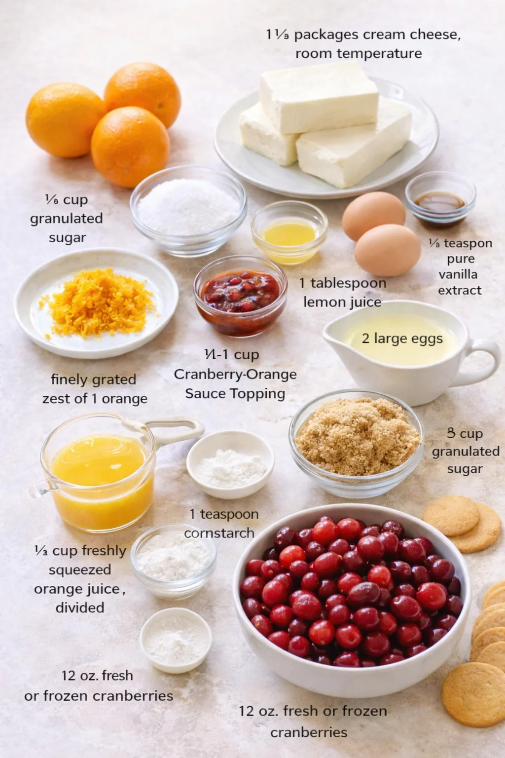 Measured ingredients arranged for Cheesecake Cupcakes & a Festive Christmas Brunch - Kitchen Frau: 1½ (250 g/8 oz) packages cream cheese, room temperature (1½ blocks/375 g total), ½ cup (100 g) granulated sugar, 1 tables