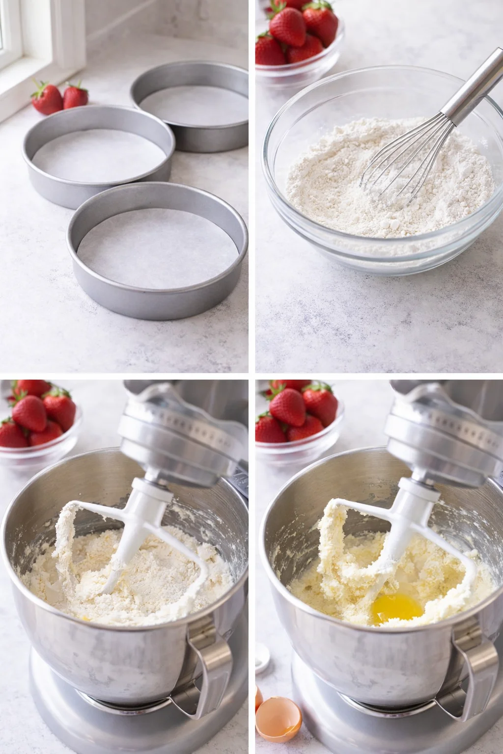 Three 9-inch pans lined with parchment, bowl of pale fluffy butter-sugar mixture and egg being added.