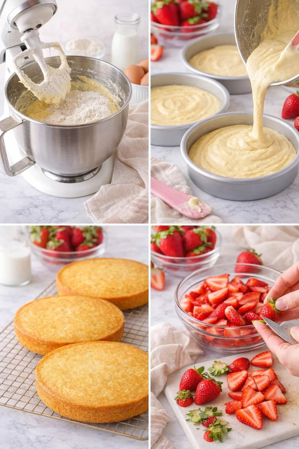 Evenly filled cake pans with batter baking, and sliced hulled strawberries on a cutting board.