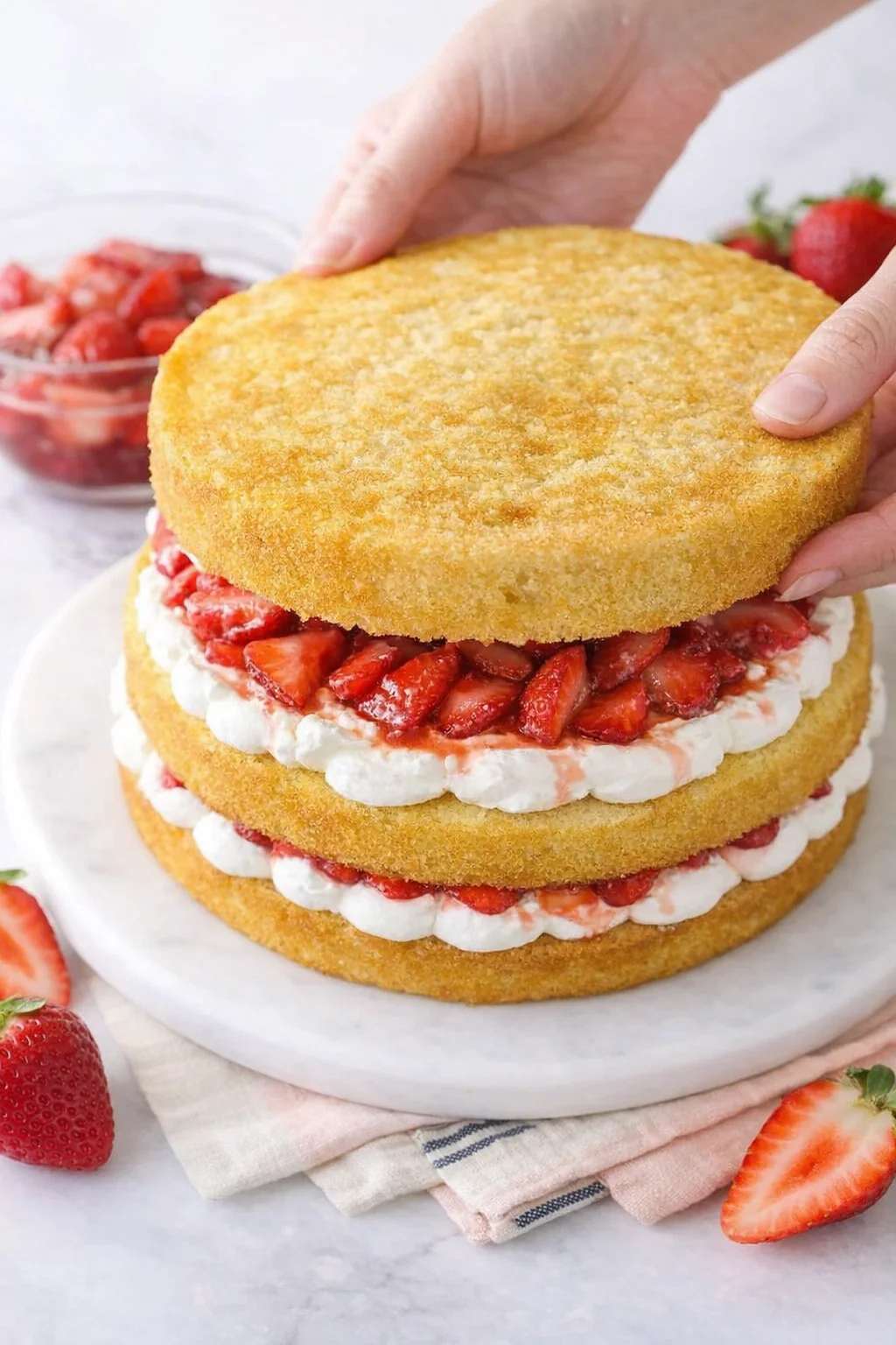 First cake layer topped with whipped cream and macerated strawberries glistening with juices.