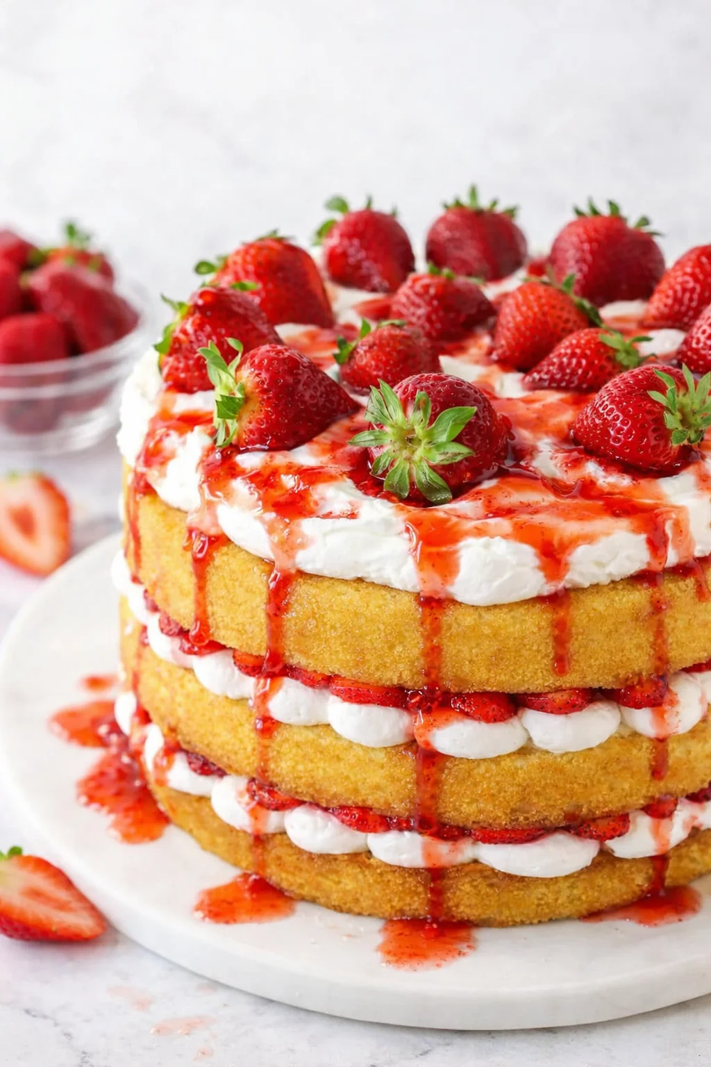 Finished cake covered in swirled whipped cream, dotted with berries, drizzled juices, chilling in refrigerator.