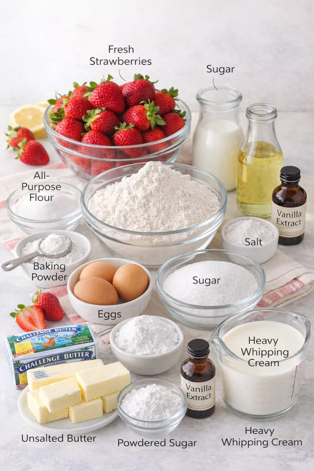 Measured ingredients arranged for Easy Strawberry Shortcake Cake - Perfect for Summer!: All-purpose flour – Feel free to swap with an equal amount of gluten-free flour if needed., Baking powder – This helps the cake rise