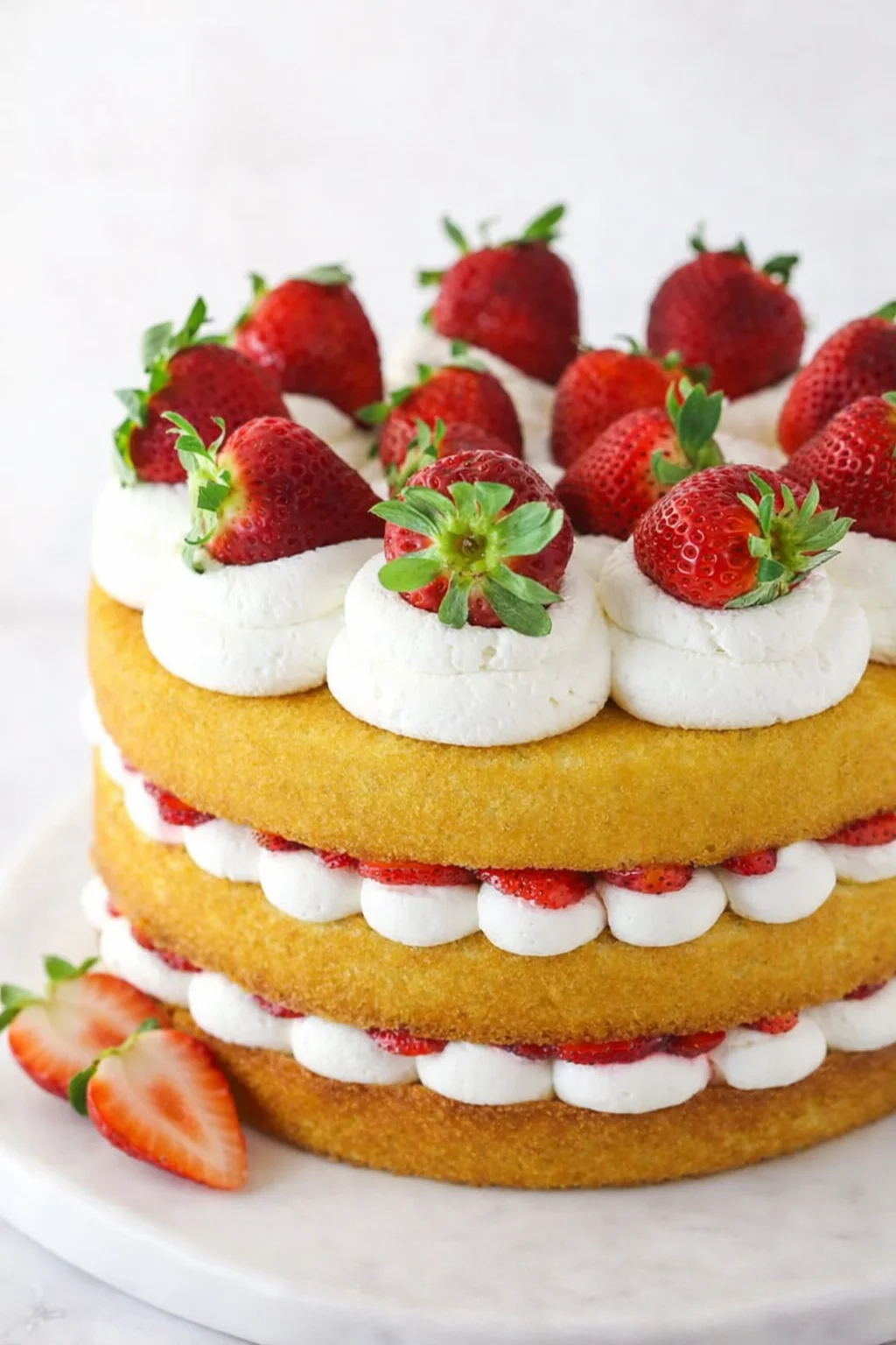 Final plated Easy Strawberry Shortcake Cake - Perfect for Summer! served as a hero shot