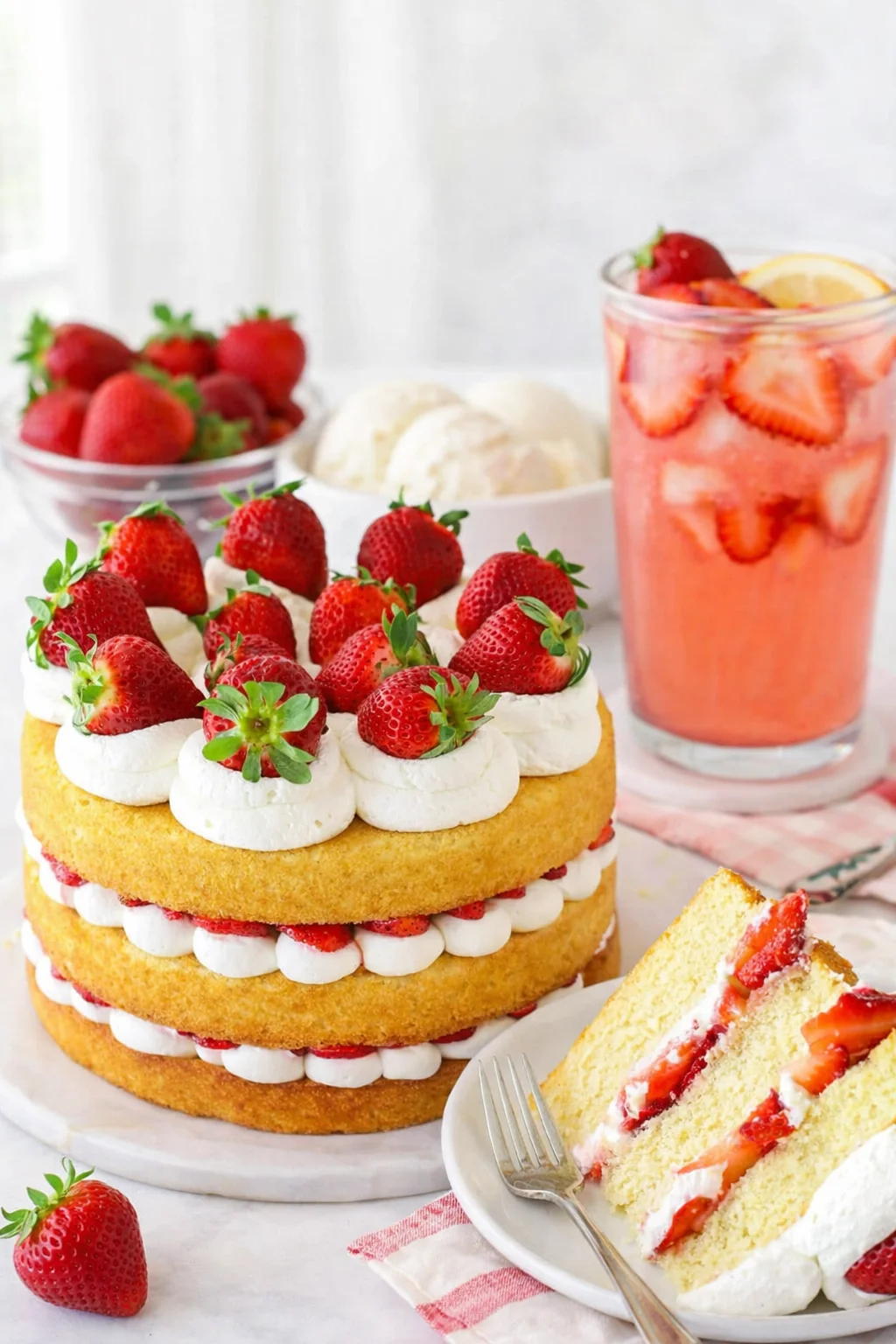 Alternative angle of Easy Strawberry Shortcake Cake - Perfect for Summer! served with a pairing