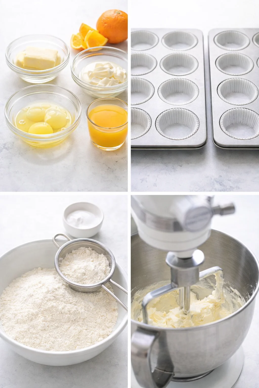 Mixer bowl with softened butter being whipped beside sifter of flour and lined muffin tins