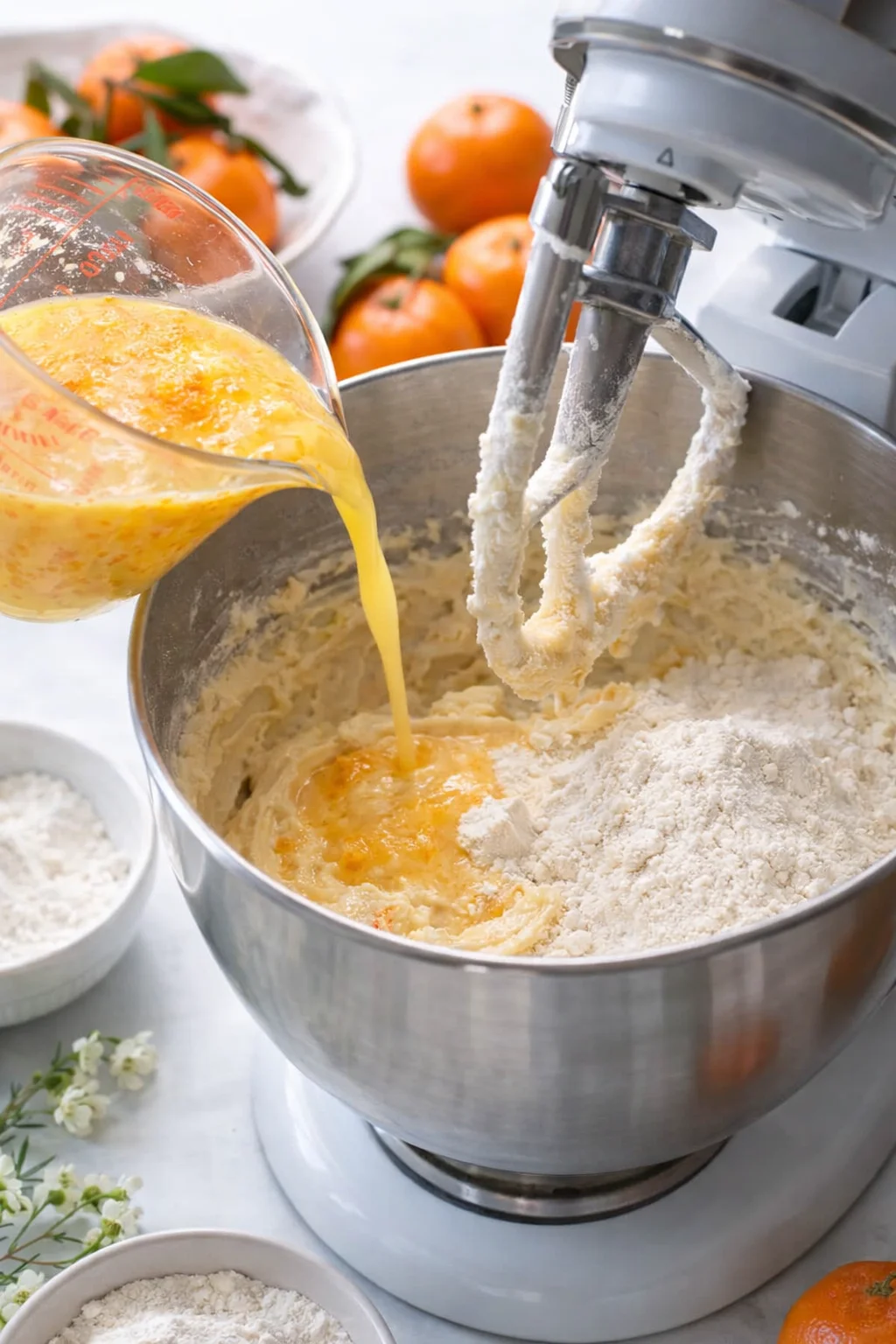 Pale, fluffy butter-sugar in mixer next to measuring cup with orange-sour cream mixture