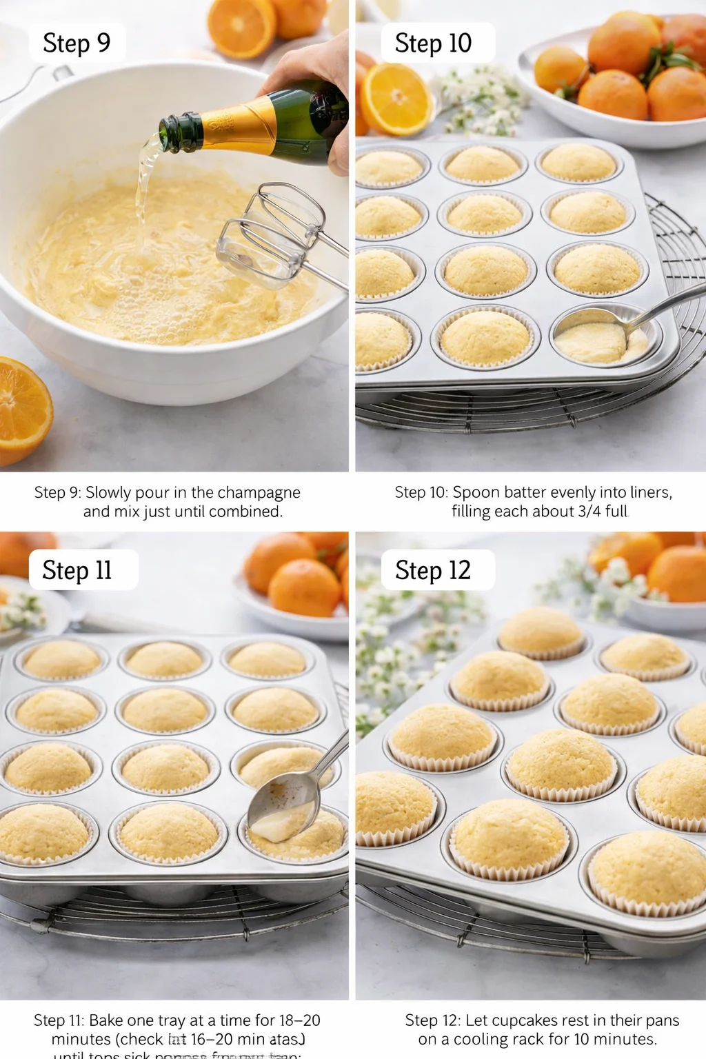 Spoons filling paper liners with champagne-laced batter, then baked cupcakes cooling in muffin pans