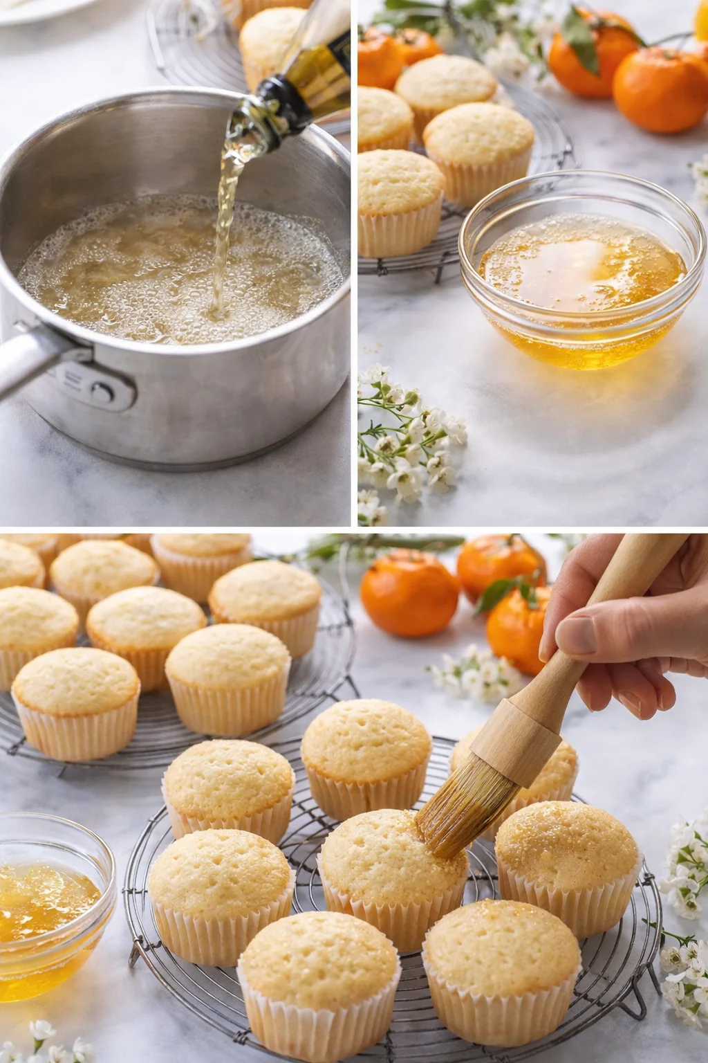Saucepan with simmering sugar syrup, then champagne mixed and brushed over toothpick-poked cupcakes