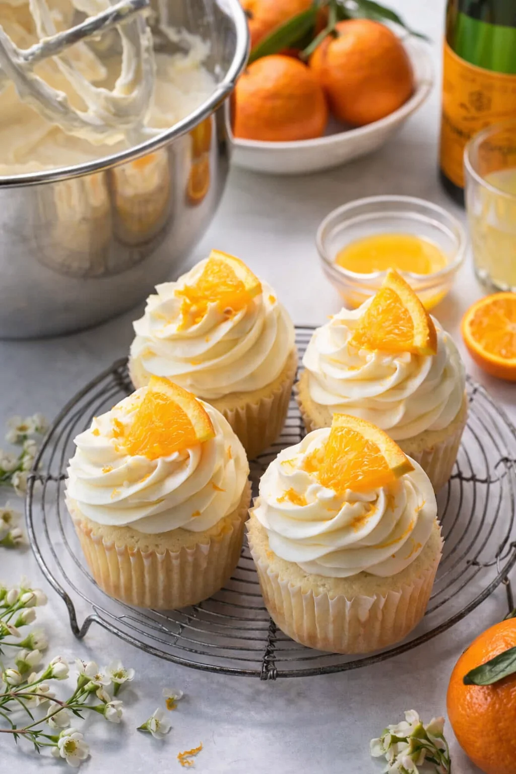 A silky champagne buttercream being piped onto cooled cupcakes, finished with grated orange zest