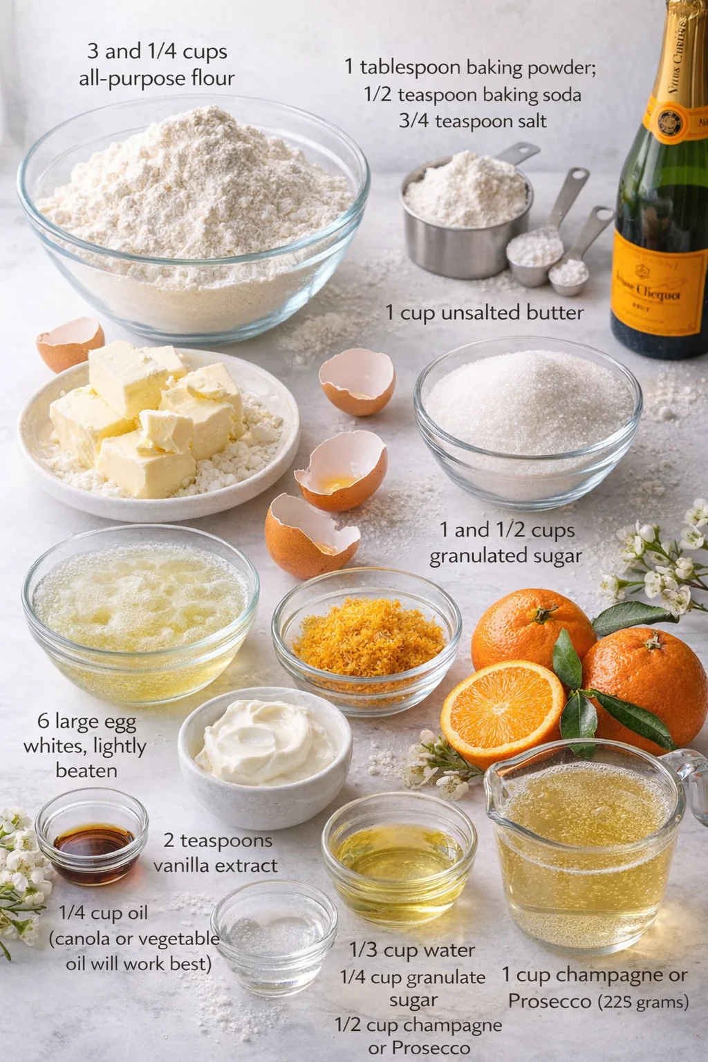 Measured ingredients arranged for How to Make Mimosa Cupcakes - Baker by Nature: 3 and 1/4 cups (390 grams) all-purpose flour, 1 Tablespoon baking powder, 1/2 teaspoon baking soda, 3/4 teaspoon salt, 1 cup (227 grams) un
