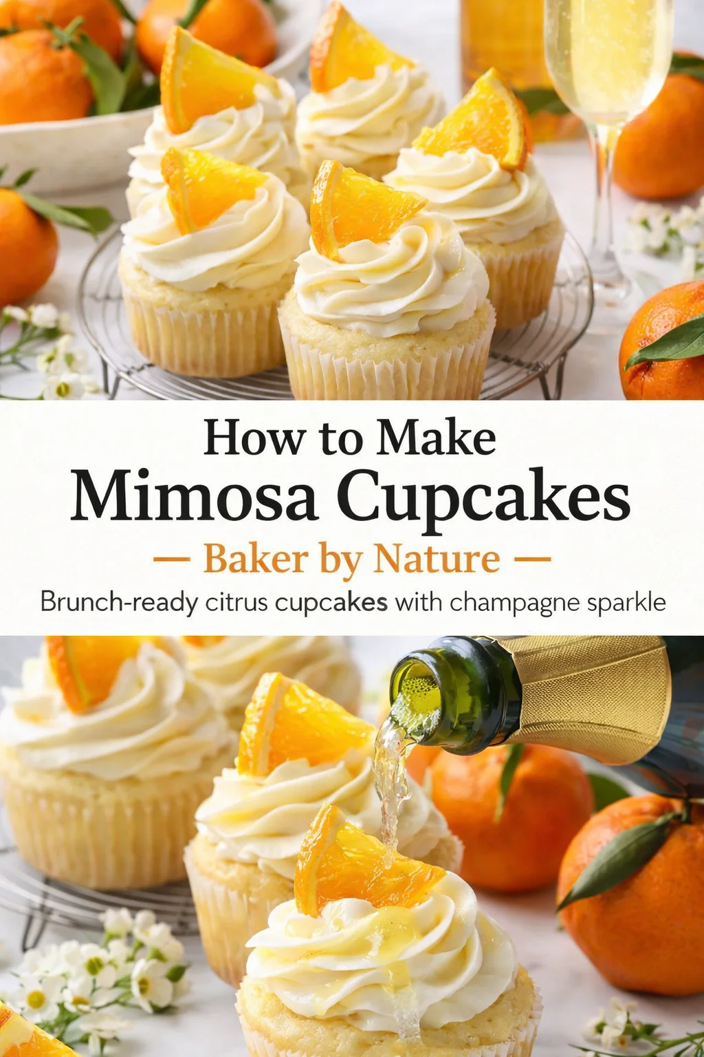 Pinterest-style image for How to Make Mimosa Cupcakes - Baker by Nature with centered text overlay