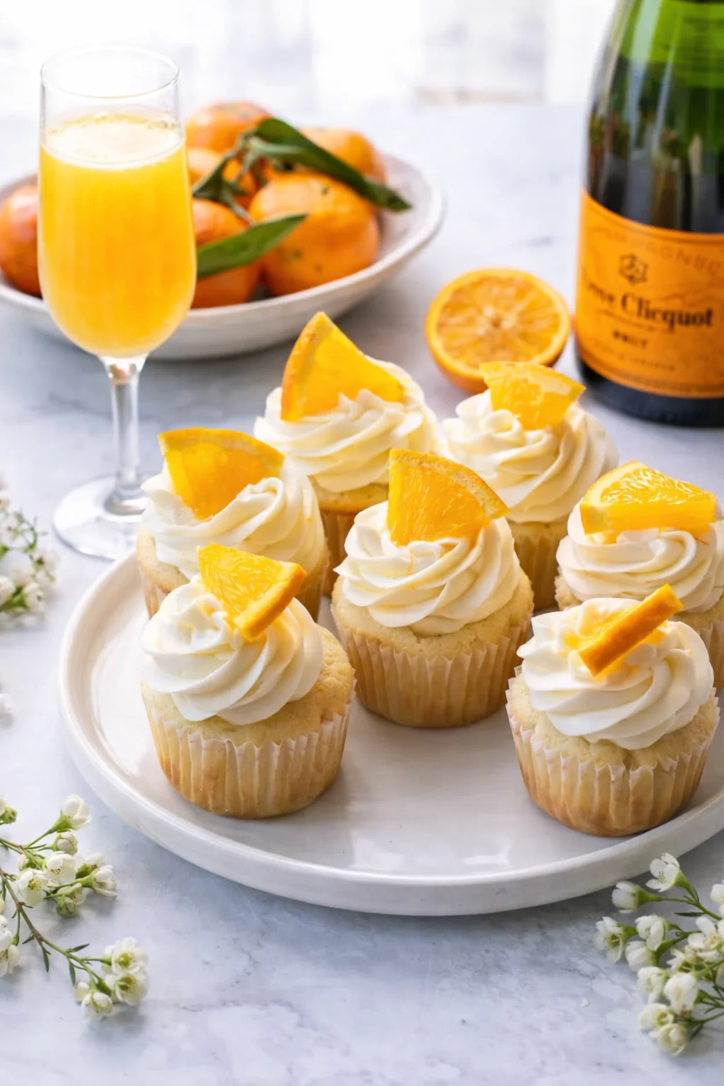Alternative angle of How to Make Mimosa Cupcakes - Baker by Nature served with a pairing