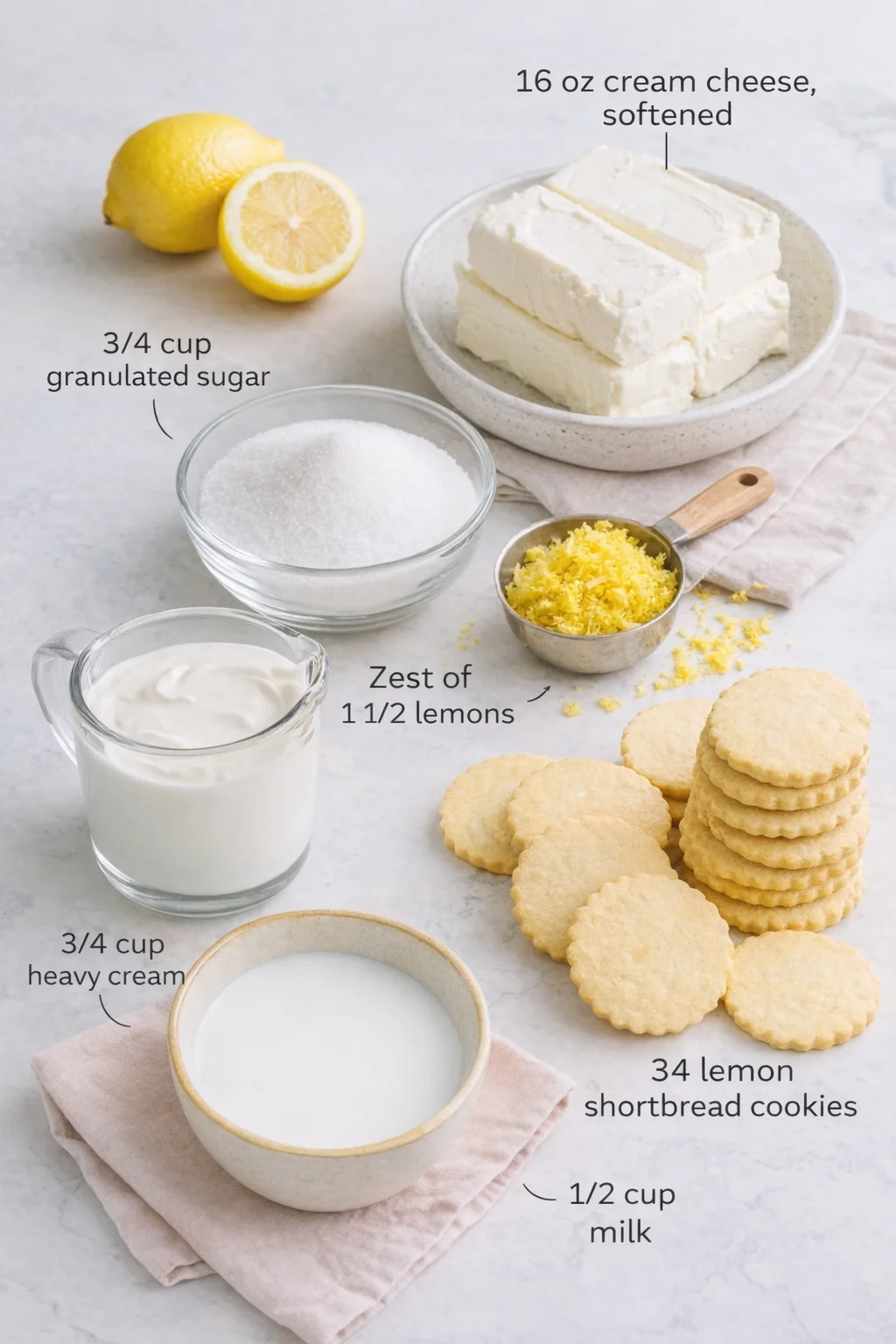Measured ingredients arranged for Lemon Icebox Cake (No Bake) - Lauren's Latest: 16 oz cream cheese, softened, 3/4 cup granulated sugar, zest of 1 1/2 lemons, 3/4 cup heavy cream, 34 lemon shortbread cookies, 1/2 cup mil