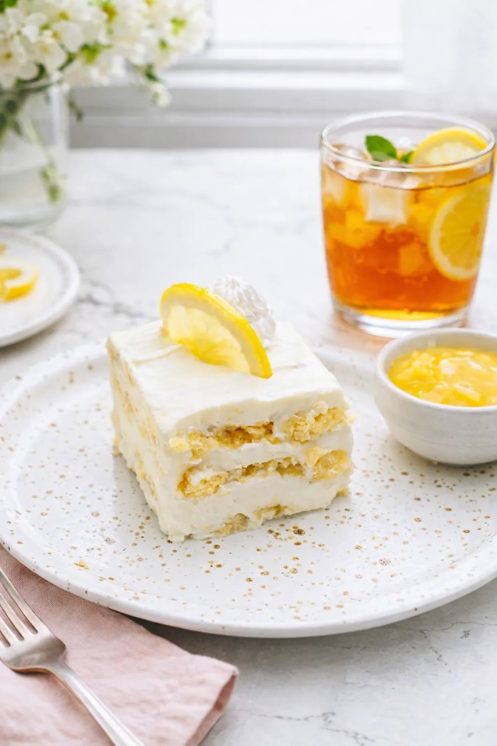 Alternative angle of Lemon Icebox Cake (No Bake) - Lauren's Latest served with a pairing