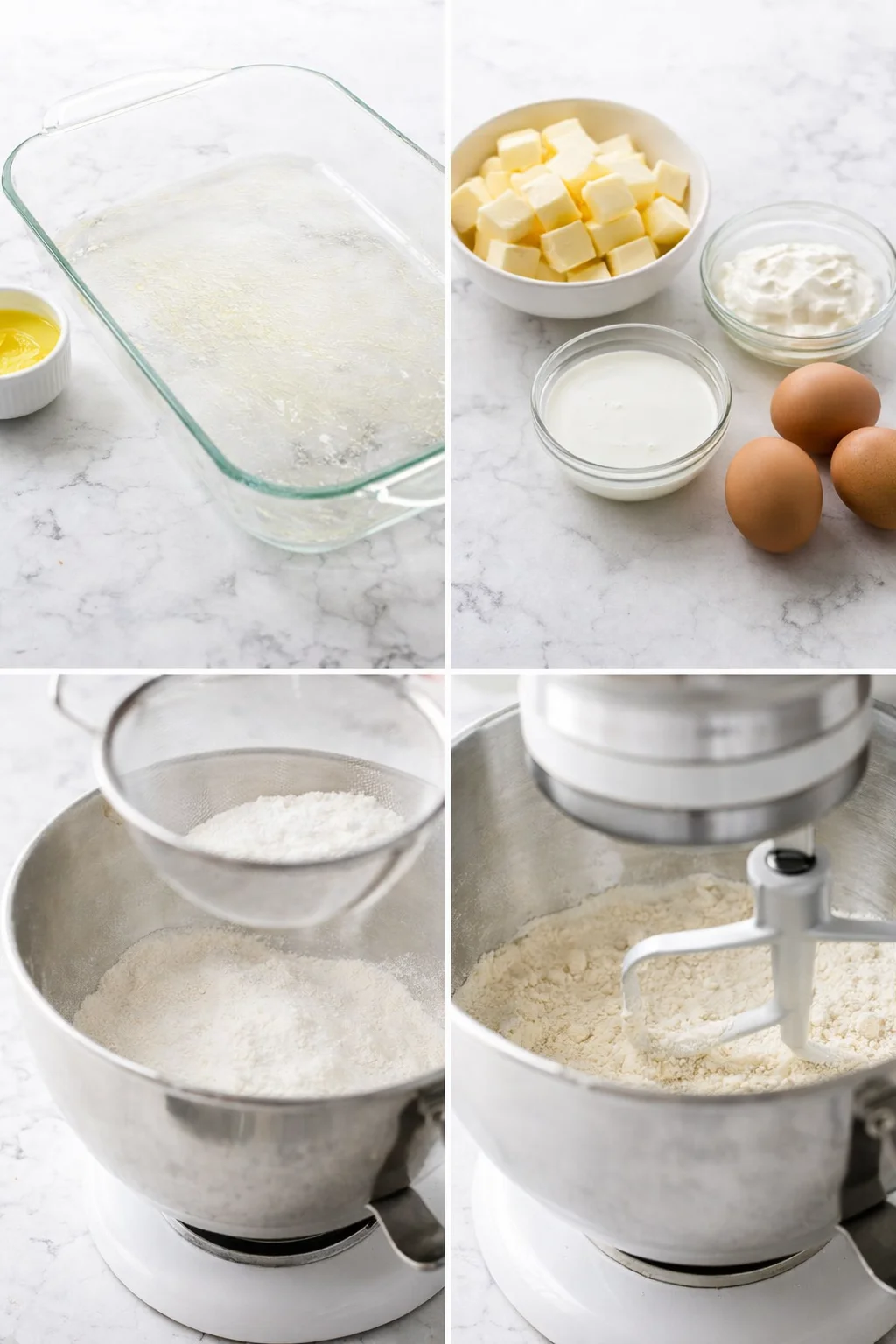 Mixer bowl of sifted flour and dry ingredients, cubed butter and greased 9×13 pan nearby.
