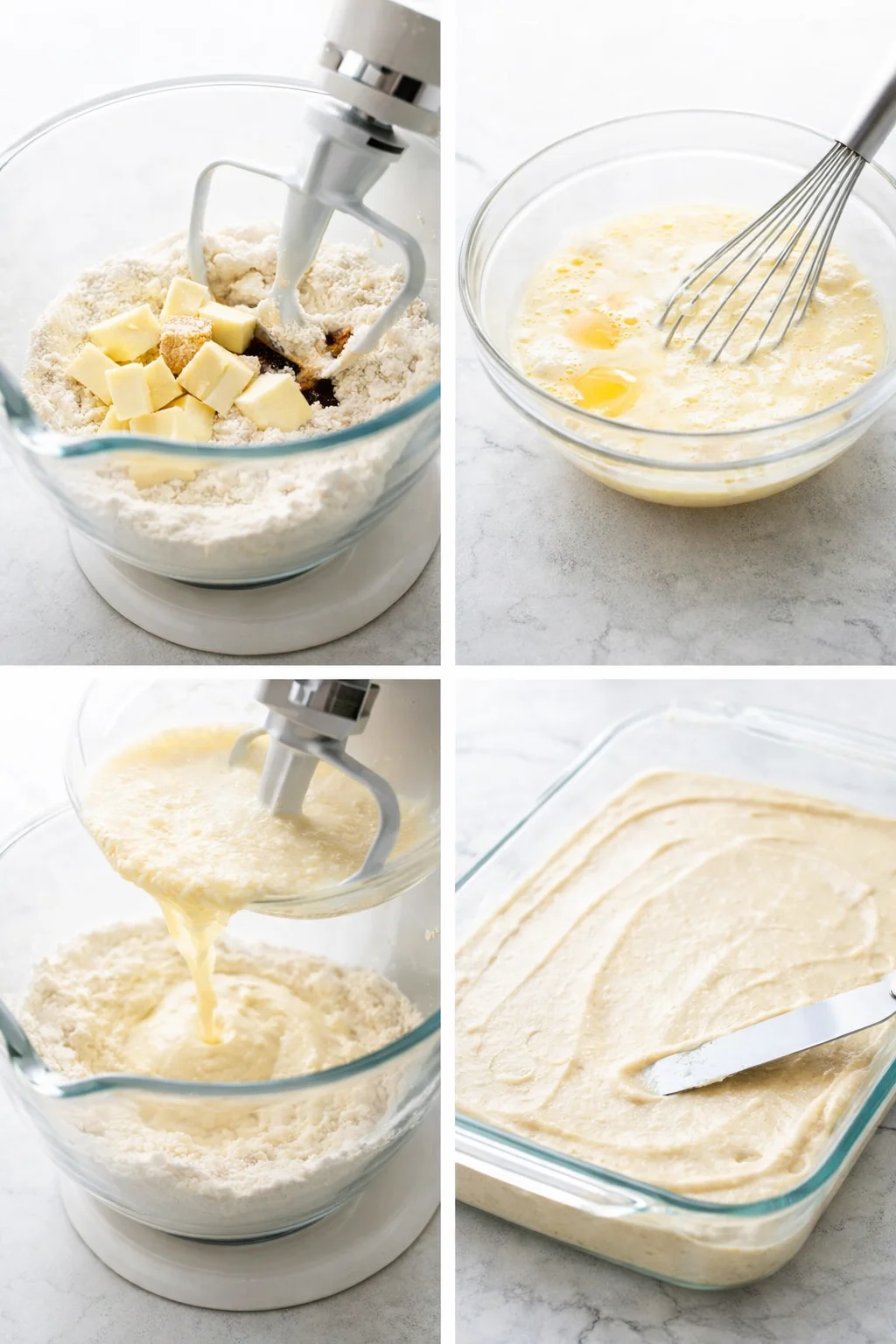 Mixer creating thick, sandy dough while whisked wet mixture sits; offset spatula smoothing batter in pan.