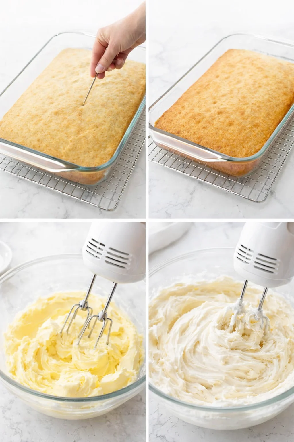 Golden sheet cake cooling in pan on a wire rack, bowl of whipped buttercream being beaten.