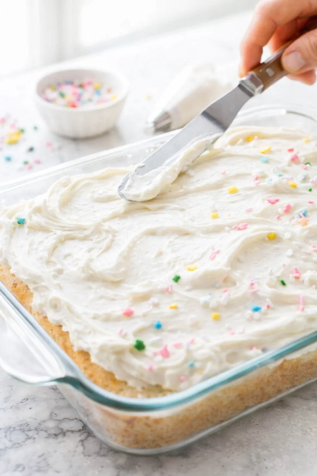 Spreading thick whipped buttercream over cooled sheet cake with offset spatula, piped decoration along edges.