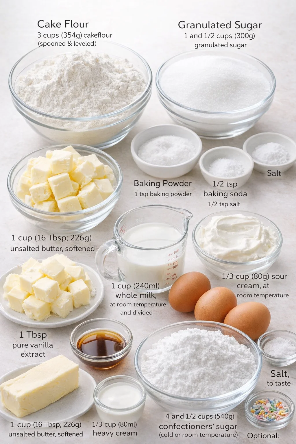 Measured ingredients arranged for Vanilla Sheet Cake with Whipped Buttercream Frosting - Sally's Baking: 3 cups (354g) cake flour (spooned & leveled), 1 and 1/2 cups (300g) granulated sugar, 1 teaspoon baking powder, 1/2