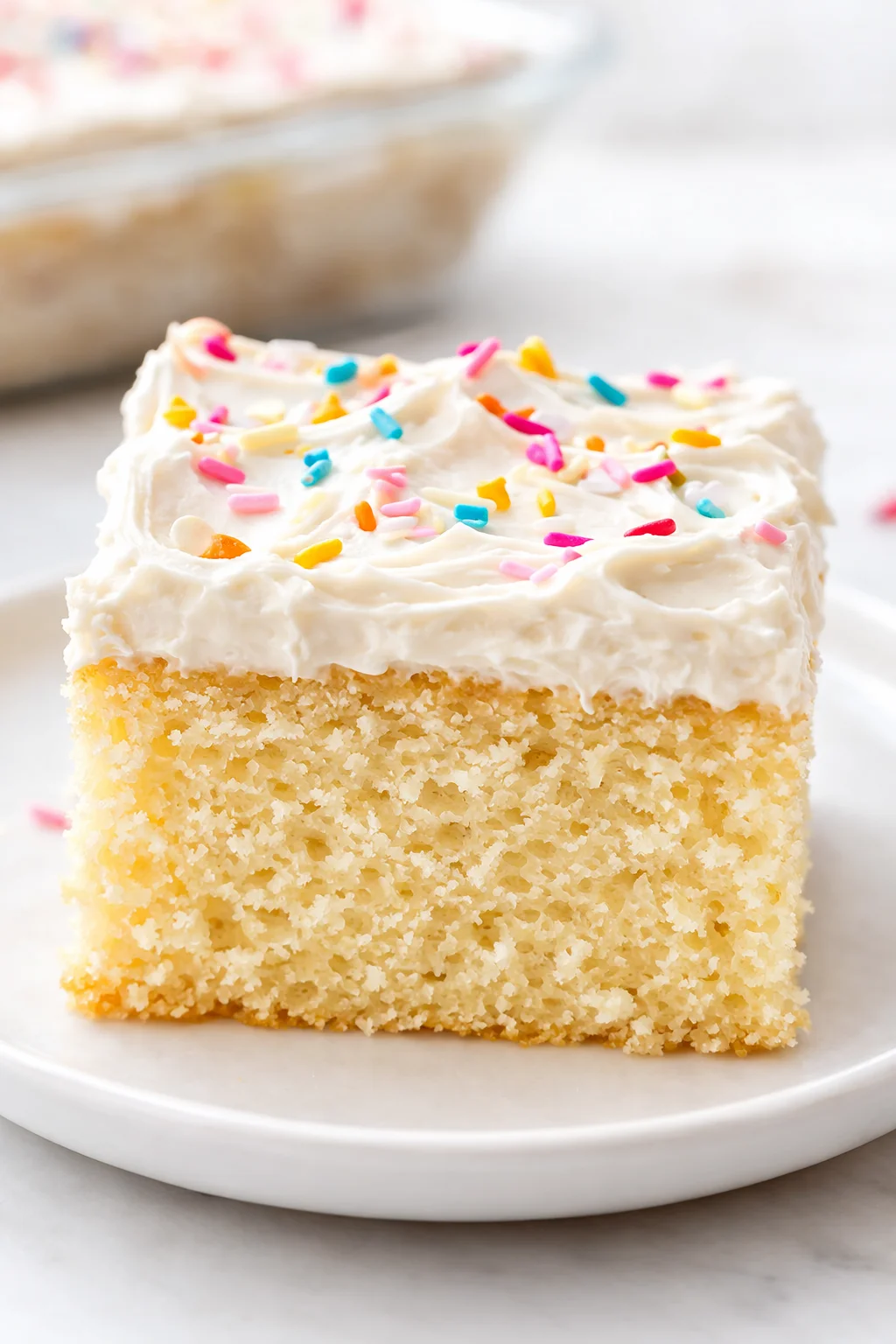 Final plated Vanilla Sheet Cake with Whipped Buttercream Frosting - Sally's Baking served as a hero shot